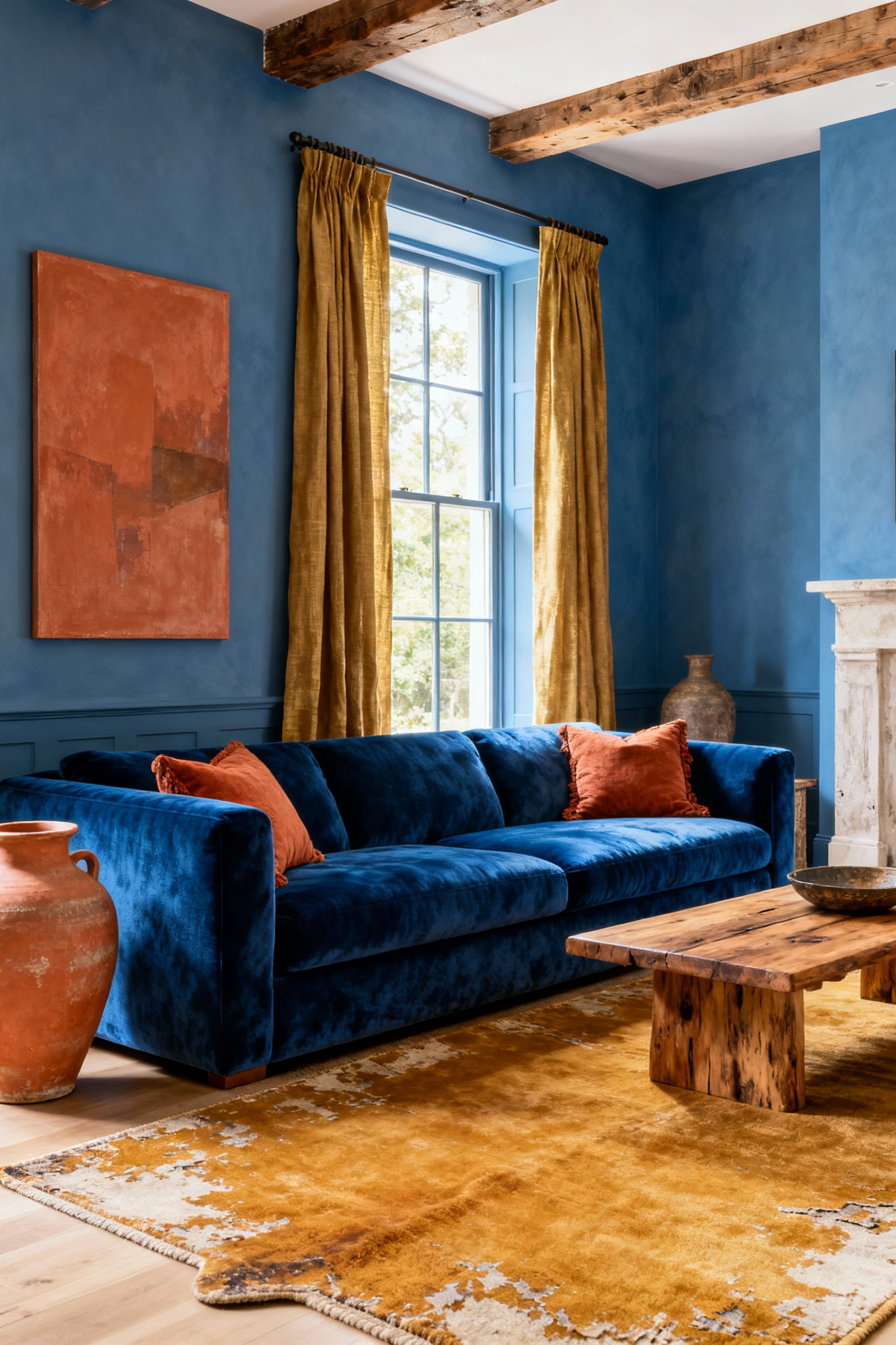 An elegant blue living room featuring a triadic color scheme. Dominant deep sapphire blue walls and velvet sofa, complemented by muted gold linen drapery and an ocher rug. Subtle terracotta accents in pottery and art add warmth and sophistication, illuminated by natural and ambient light.