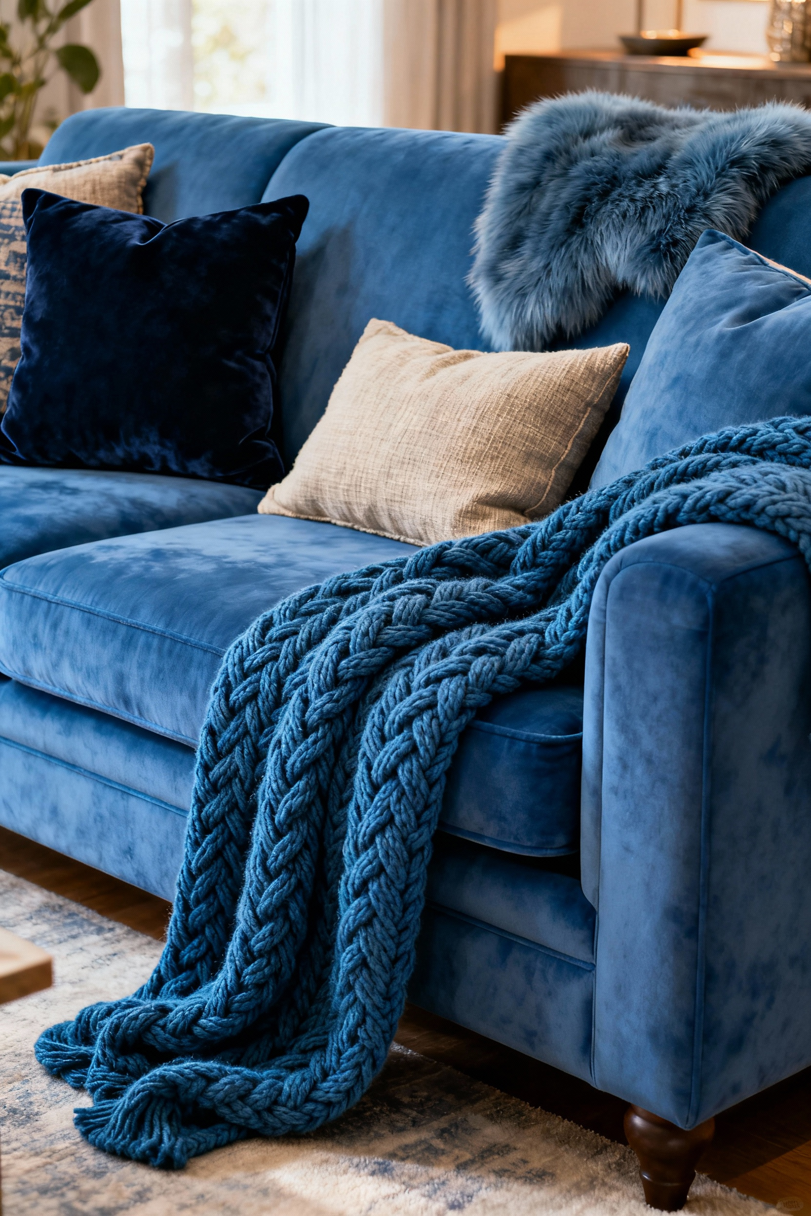 Cozy living room with a blue sofa layered with various textured blue cushions, including navy velvet and Aegean blue knit throws, creating instant warmth and inviting comfort. Natural light enhances the rich textures.