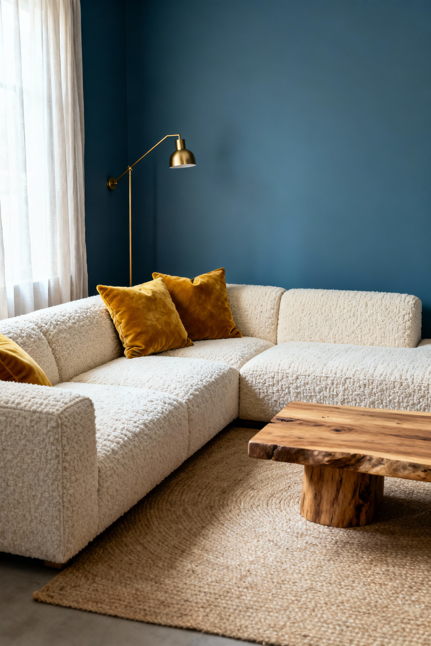 A serene living room featuring muted navy blue walls and a cream sectional, accented with mustard yellow pillows, a raw wood coffee table, and warm brass lighting, designed to create a calm and joyful atmosphere.