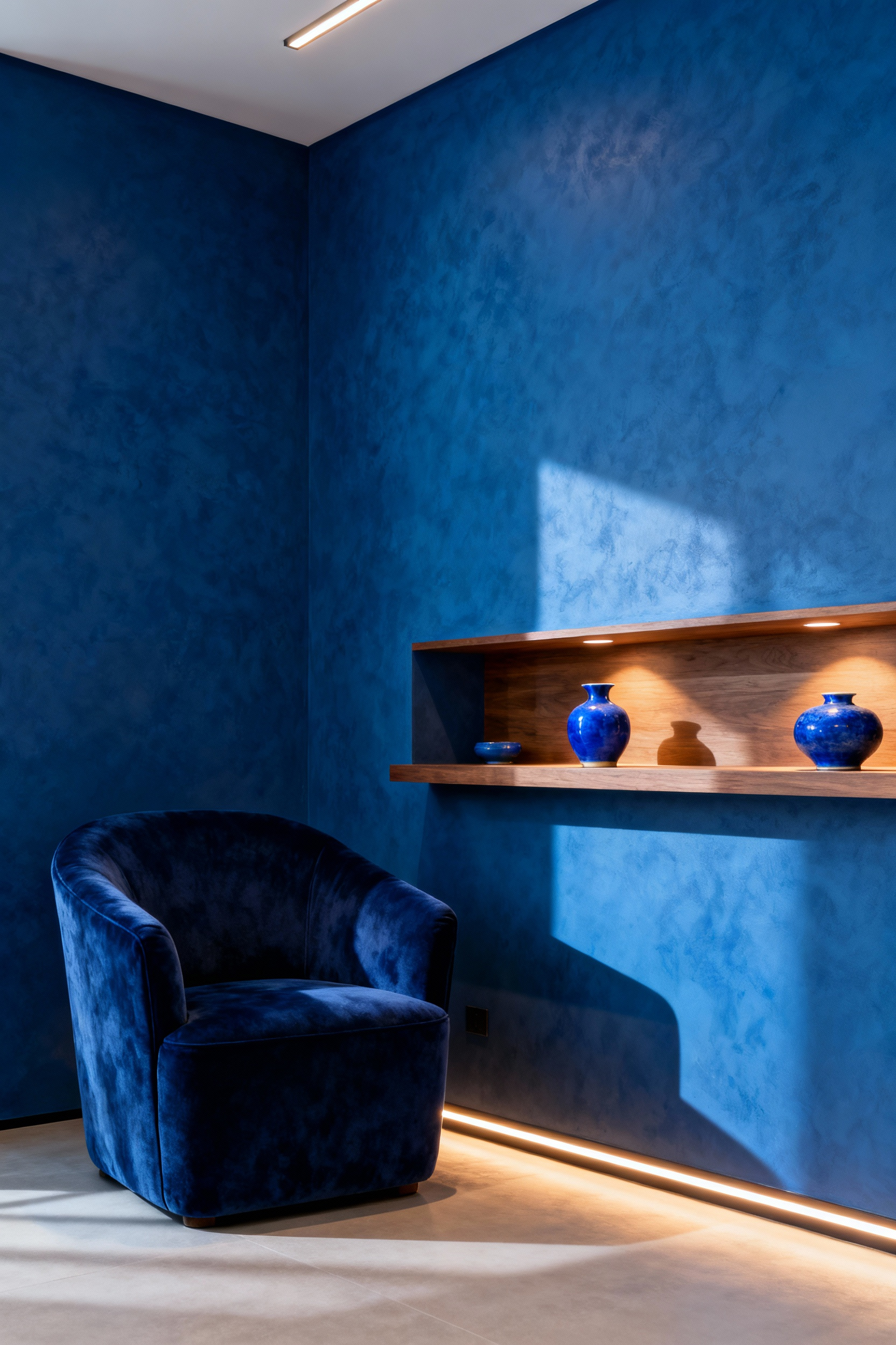Luxurious blue living room with architectural lighting accentuating a navy velvet armchair and a textured cerulean accent wall, creating a sense of depth and warmth.