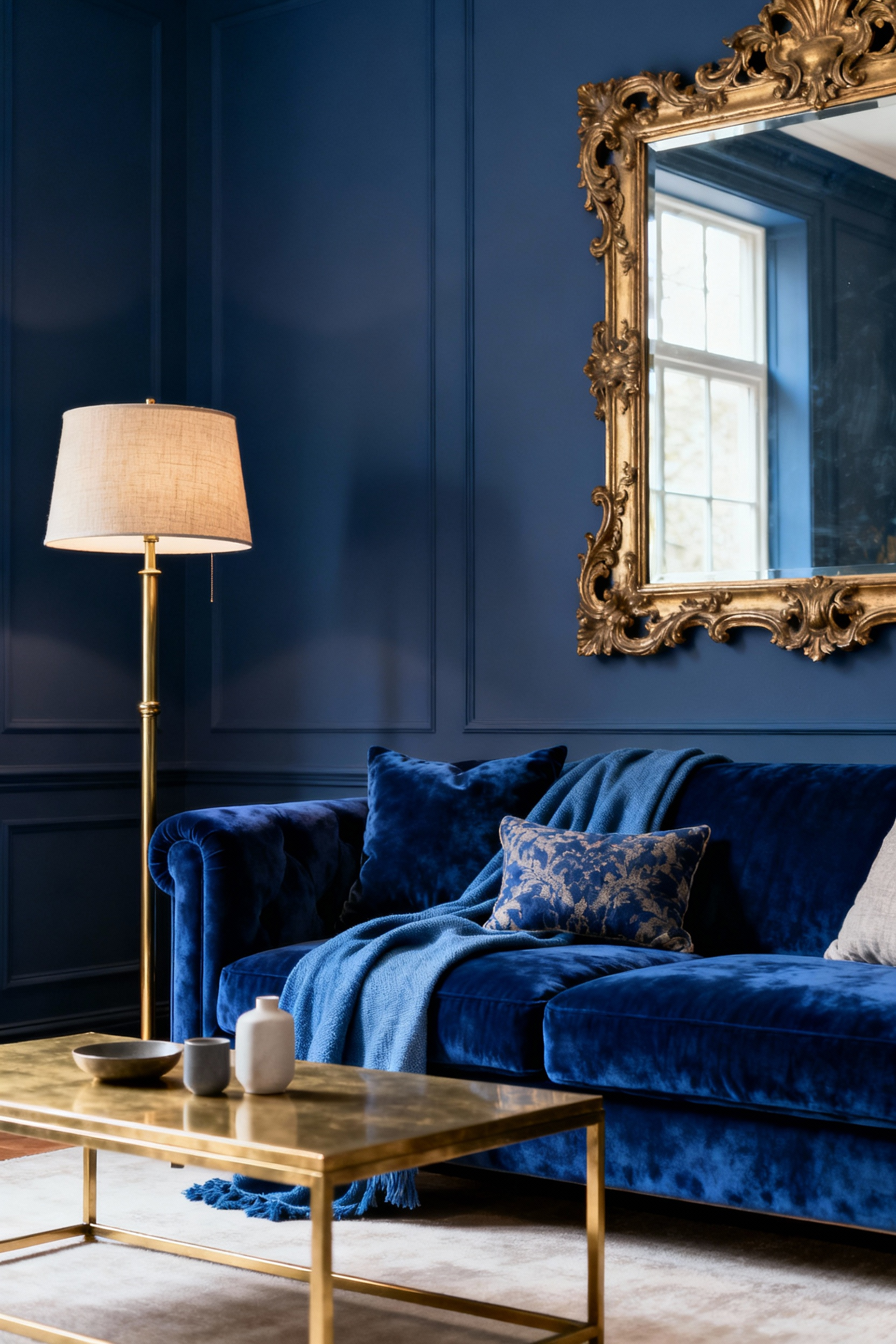 A luxurious deep blue living room featuring a sapphire velvet sofa, brushed brass floor lamps, an antique gold framed mirror, and a subtle gold finish coffee table. The metallic accents add luster and refinement to the serene blue space.