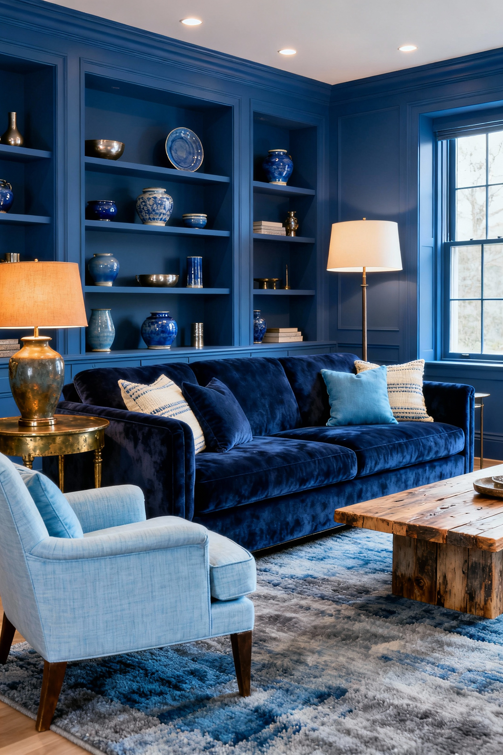 A professionally photographed blue living room showcasing a cohesive blue narrative with diverse tones and textures. Features include a deep indigo velvet sofa, a cerulean linen armchair, a textured wool rug, reclaimed wood coffee table, and aged brass accents. Soft, warm lighting highlights various blue ceramics and layered textiles. No people.