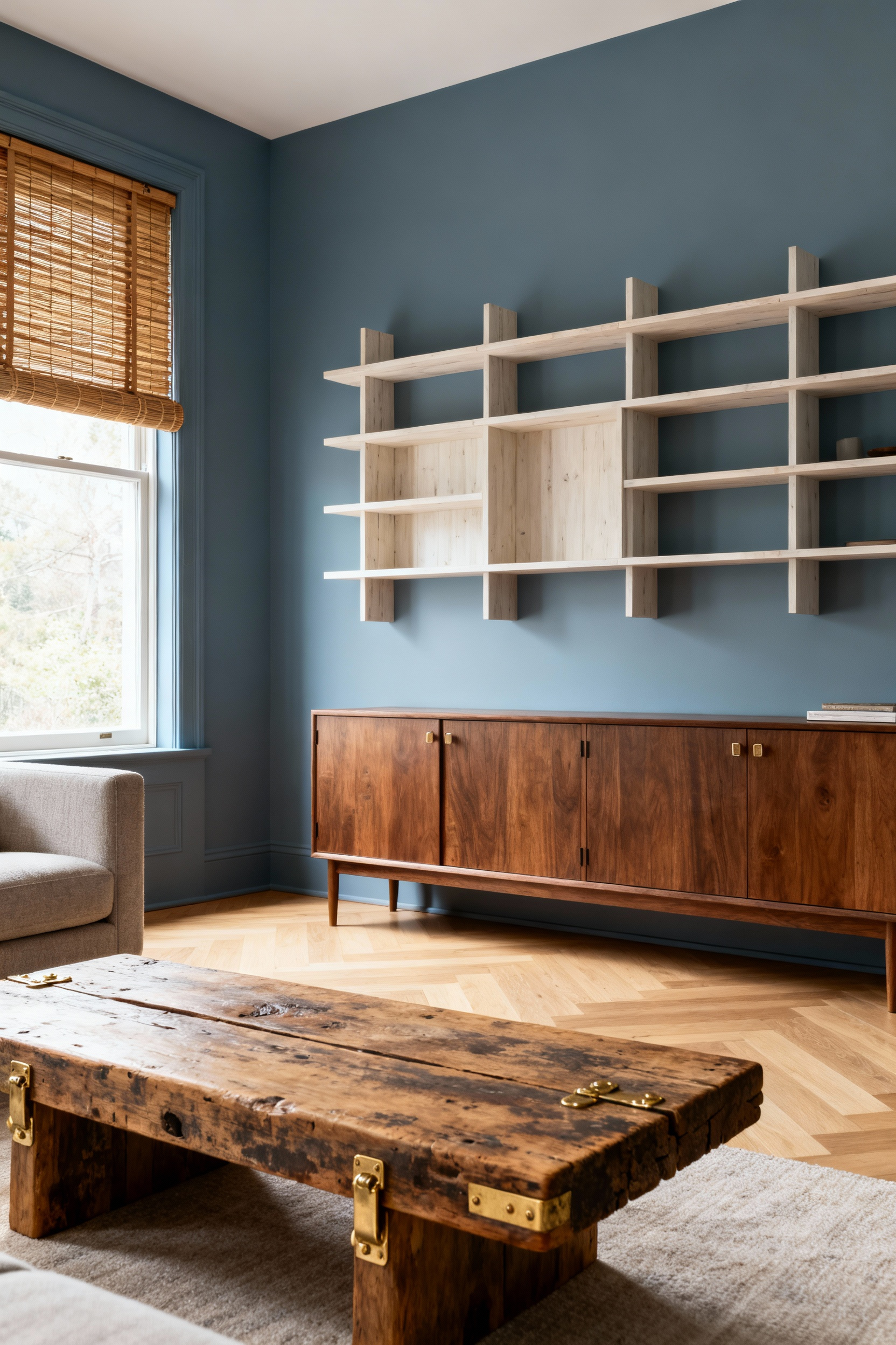 A cozy blue living room interior featuring harmoniously integrated wood tones, including a light oak floor, walnut credenza, and ash shelving, bathed in natural light, creating a balanced and inviting atmosphere.