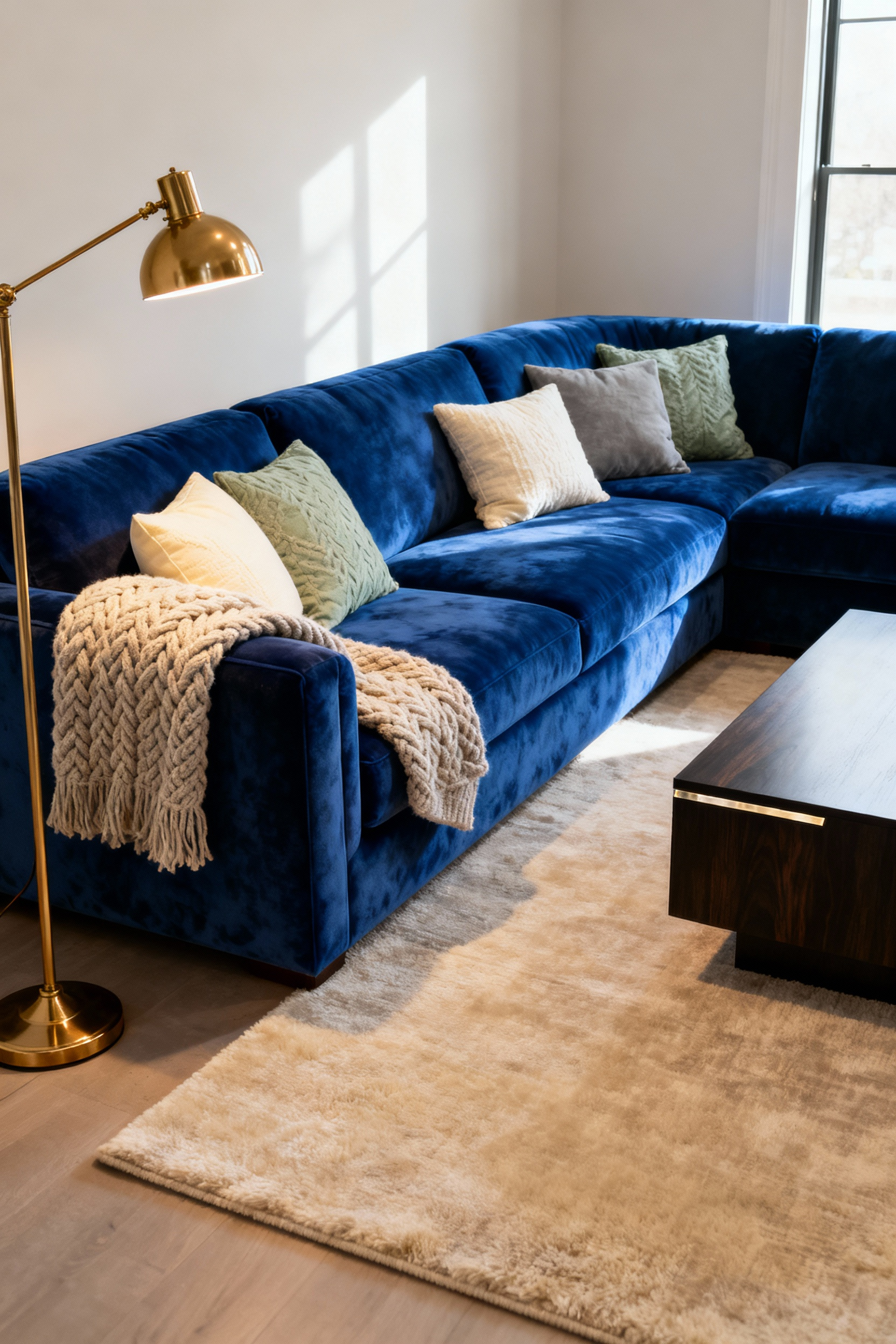 Luxurious sapphire blue velvet sectional sofa with textured cream and grey pillows, a chunky knit throw, and warm lighting in an elegant living room.