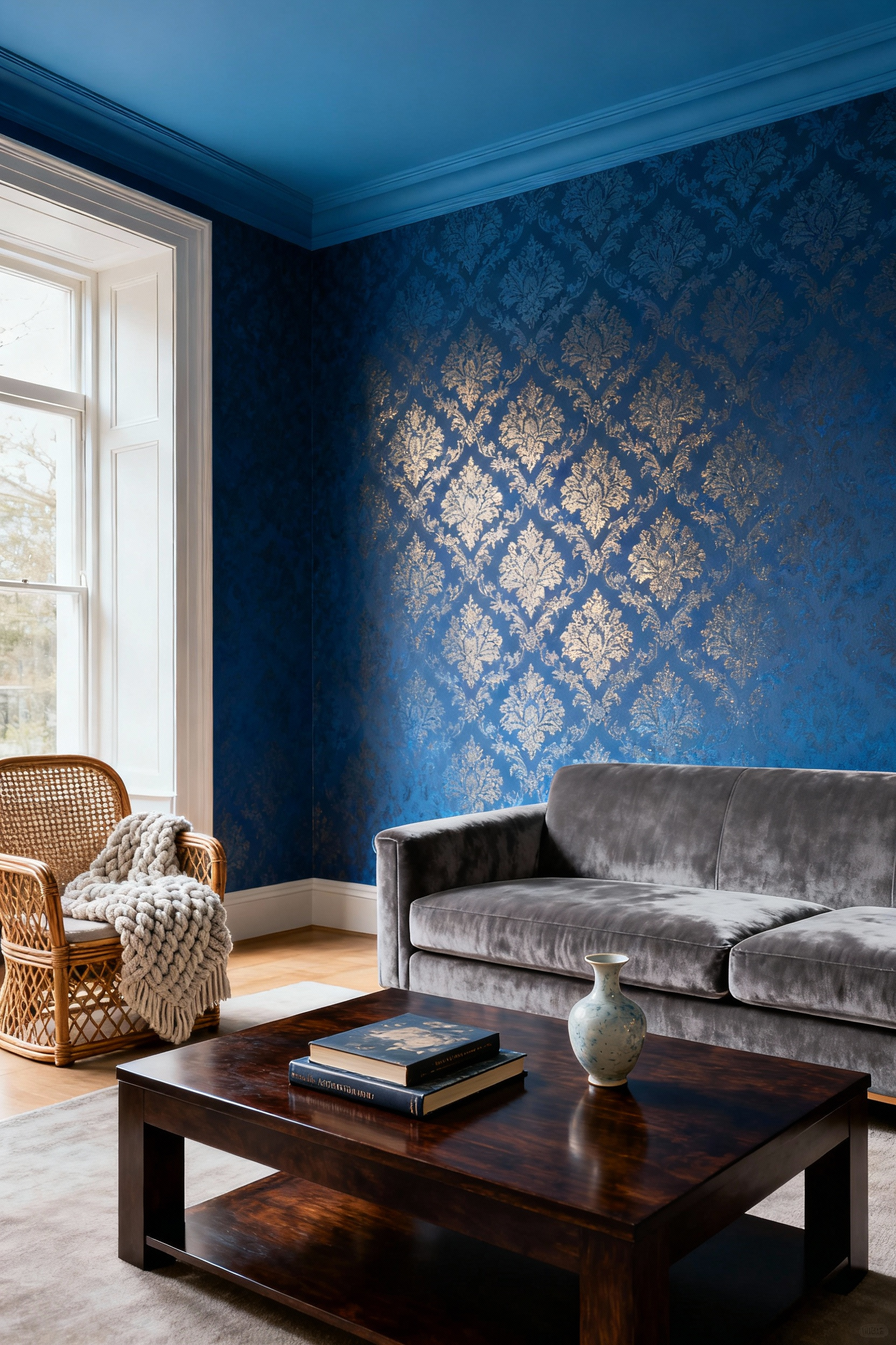 A luxurious living room featuring an accent wall with deep cerulean blue damask wallpaper, a gray velvet sofa, a dark wood coffee table, and a rattan armchair, enhancing perceived spatial depth and elegance through the blue wallpaper.