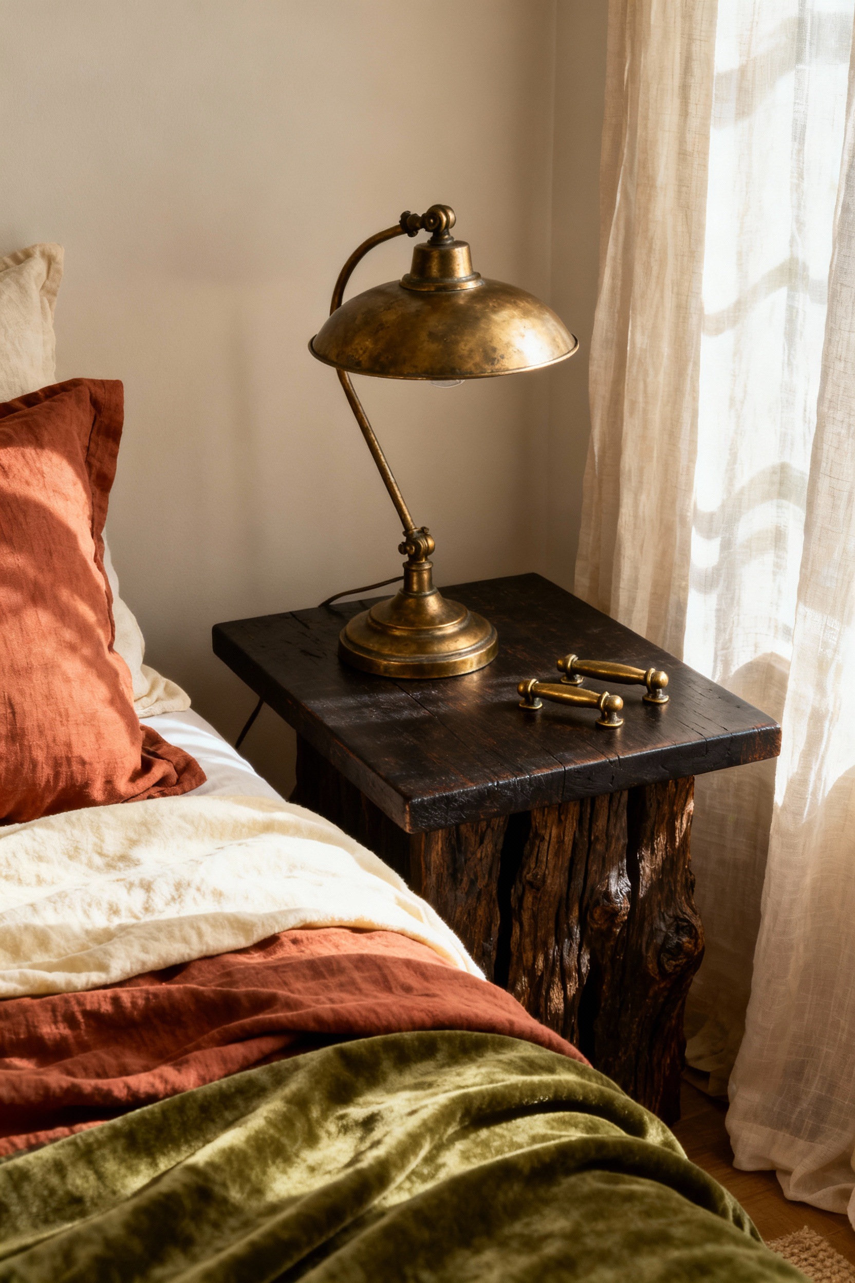 Detailed image of a bohemian bedroom featuring a deep patina antique brass lamp on a wood side table, visually grounding the layered matte linen textiles and earth tones.