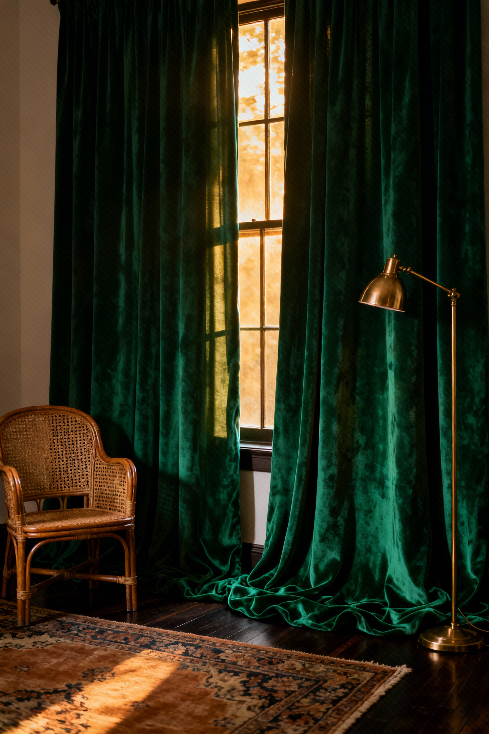 Floor-to-ceiling emerald green velvet curtains "puddling" dramatically on a dark wood floor in a luxurious, jewel-toned bohemian bedroom corner setting.