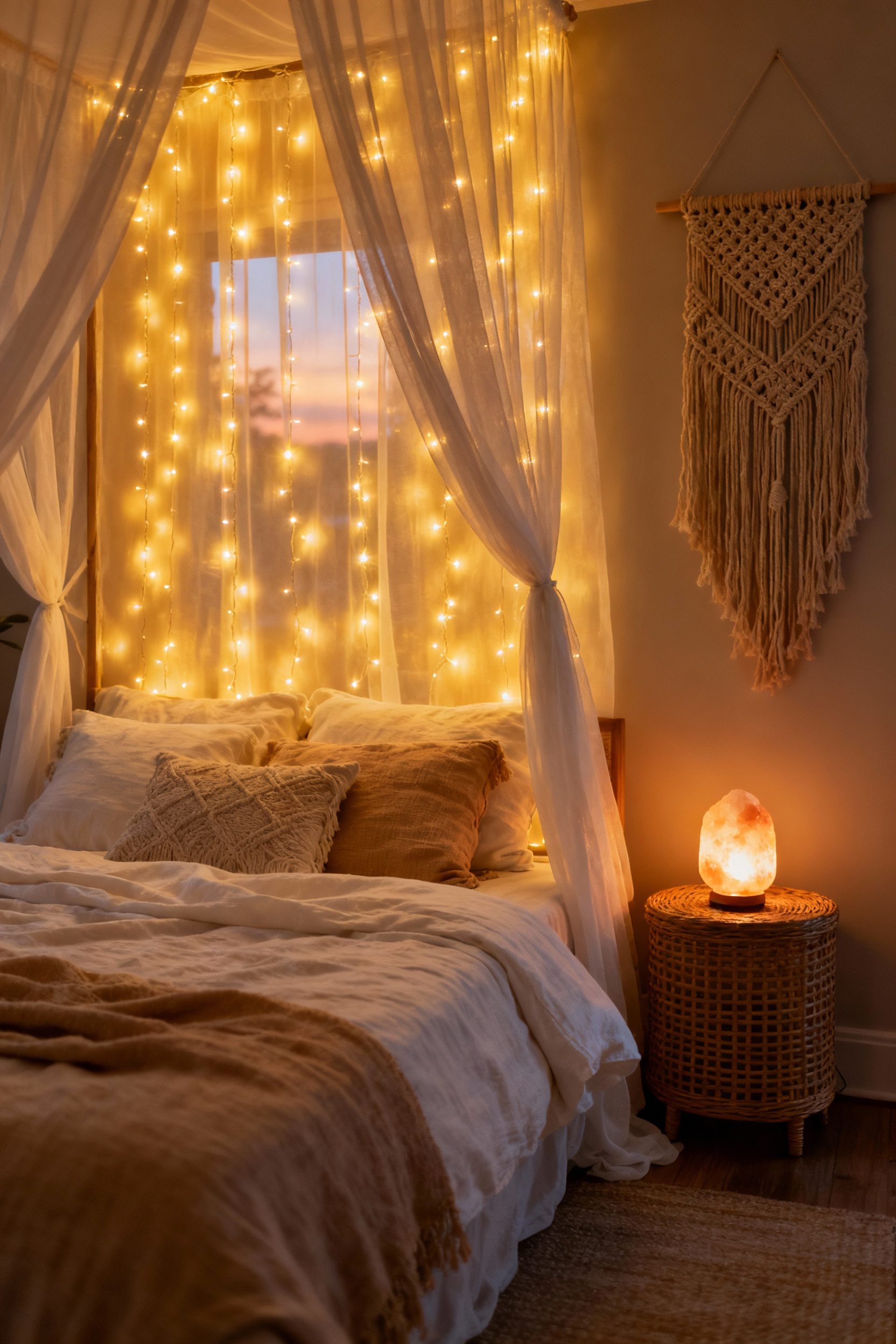 A bohemian bedroom featuring an ethereal mock canopy created by warm-toned fairy lights diffused behind sheer white voile fabric, glowing softly above a bed with natural linen textures and wicker accents.