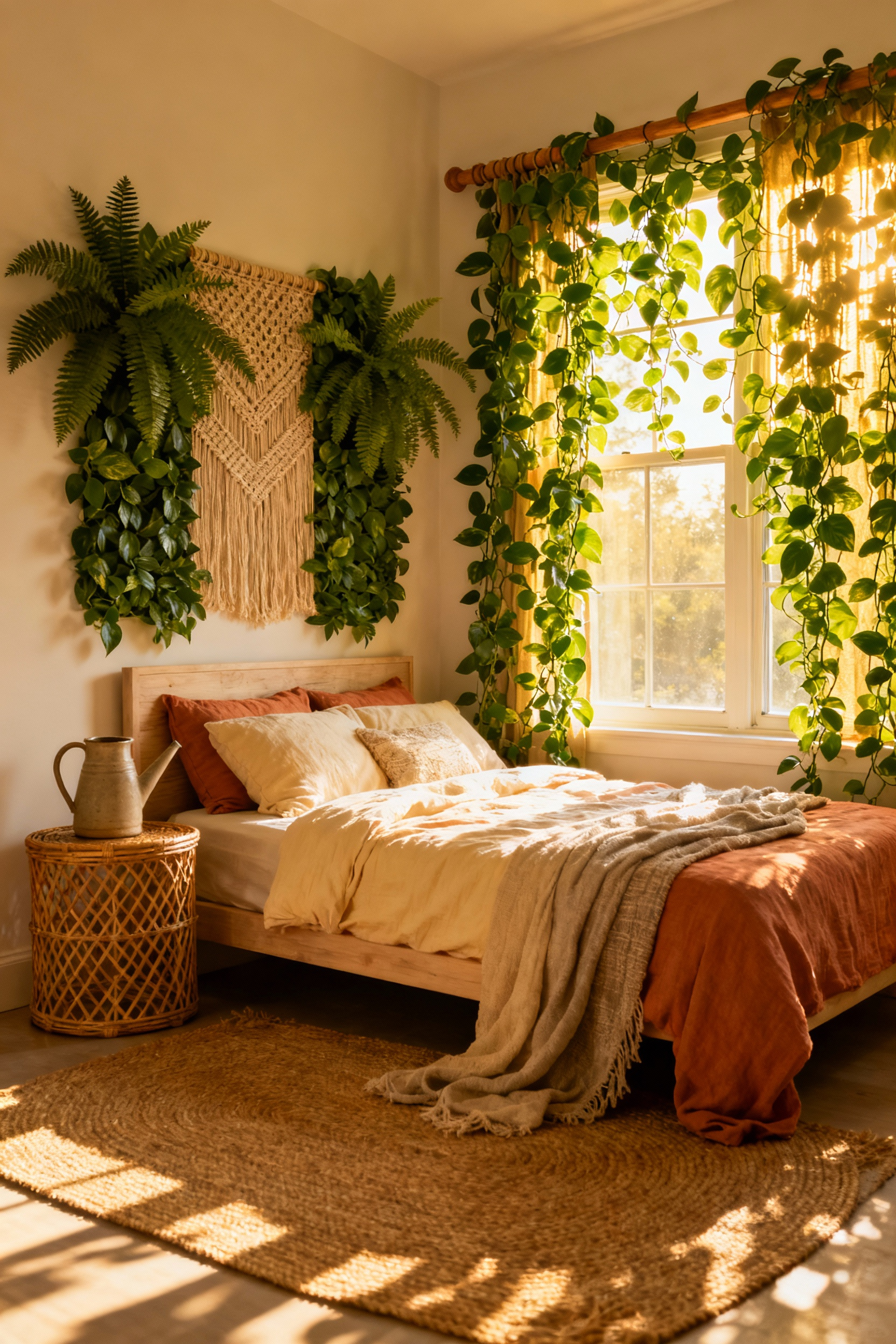 A bohemian bedroom featuring a bed with a living headboard made of trailing Pothos vines secured to the wall, and a large window where Pothos vines hang from a curtain rod, filtering the morning sunlight like a sheer green curtain.