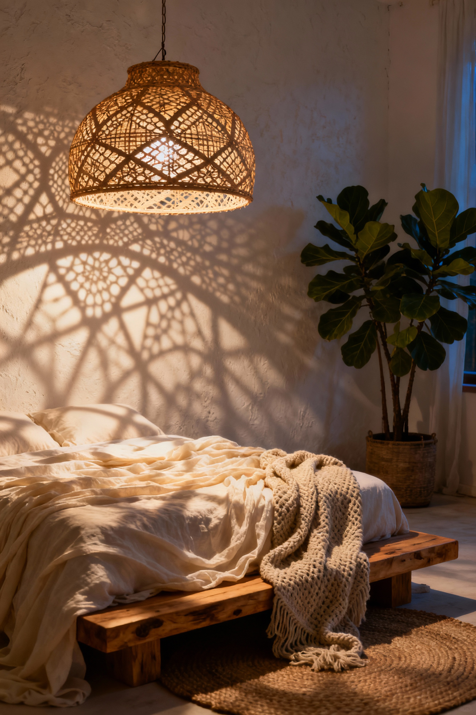 A bohemian bedroom featuring a large lit, open-weave rattan pendant light that casts intricate, lace-like shadow patterns across the textured wall and layered linen bedding, emphasizing natural fibers and a warm, inviting atmosphere.