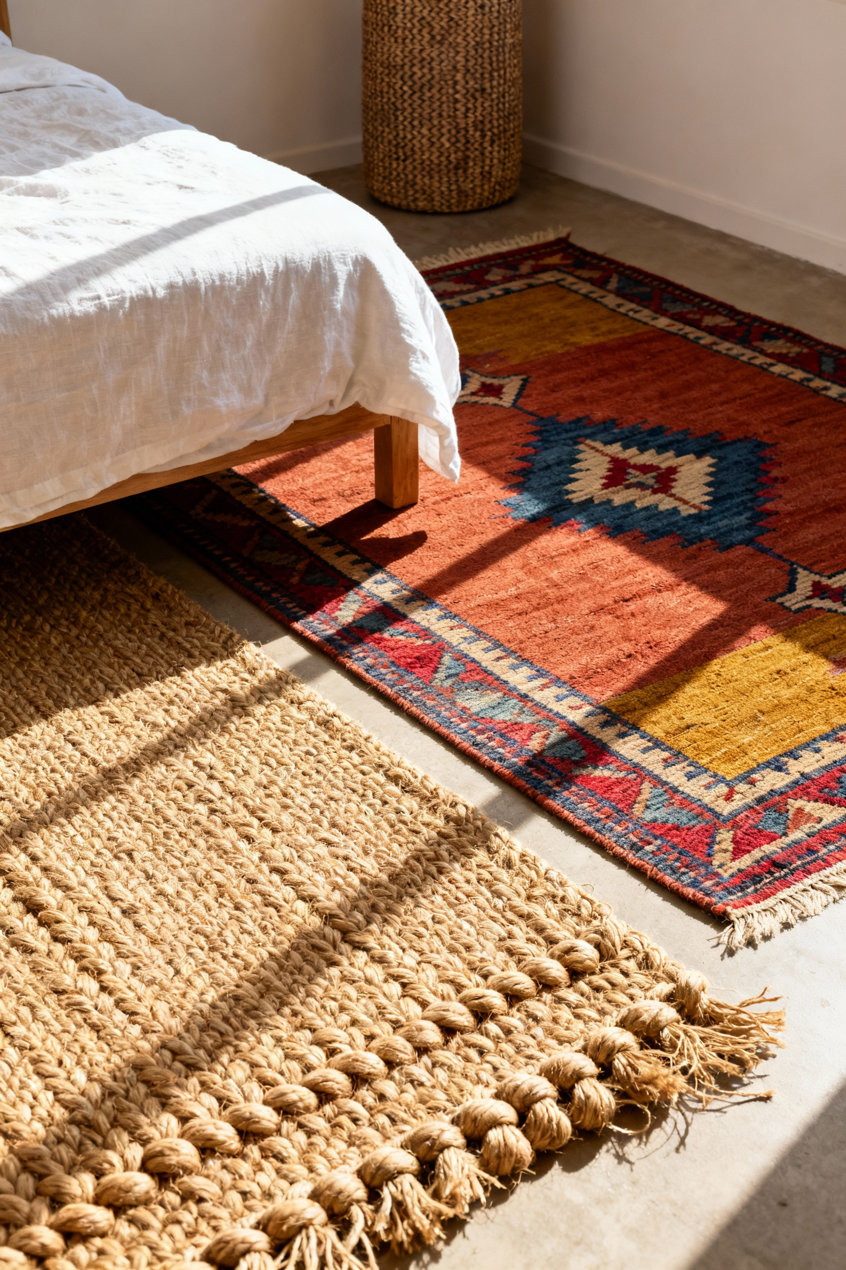 A bohemian bedroom floor featuring an 8x10 natural chunky jute rug layered underneath a smaller, vibrant geometric vintage kilim, illustrating textural contrast for grounding a space.