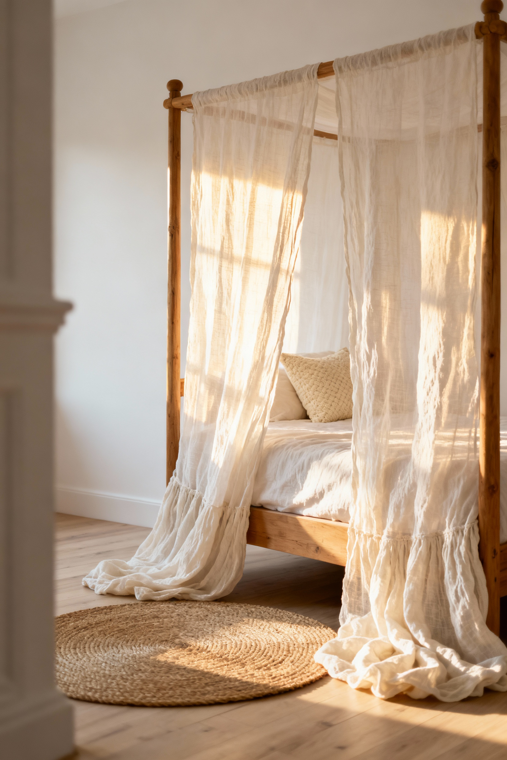 Softening architectural lines in a bohemian bedroom using voluminous sheer linen canopy drapes that puddle generously onto a hardwood floor.