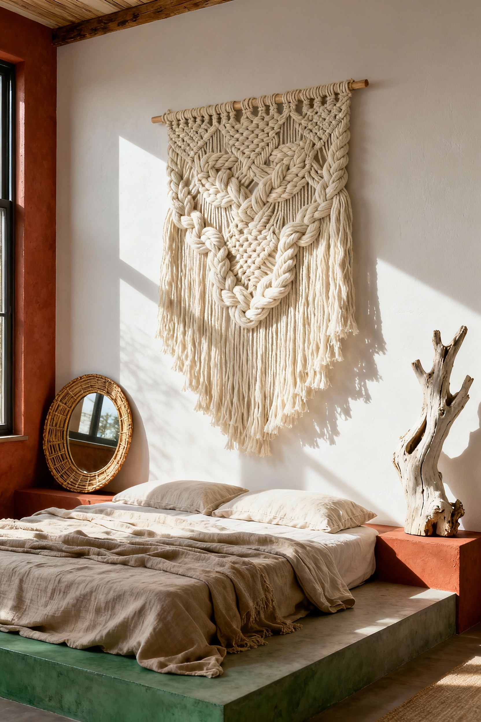 A bohemian bedroom featuring a tactile gallery wall above the bed, anchored by a large, thickly knotted ivory macrame hanging, contrasting with a smooth white wall and flanked by a circular rattan mirror and driftwood art.