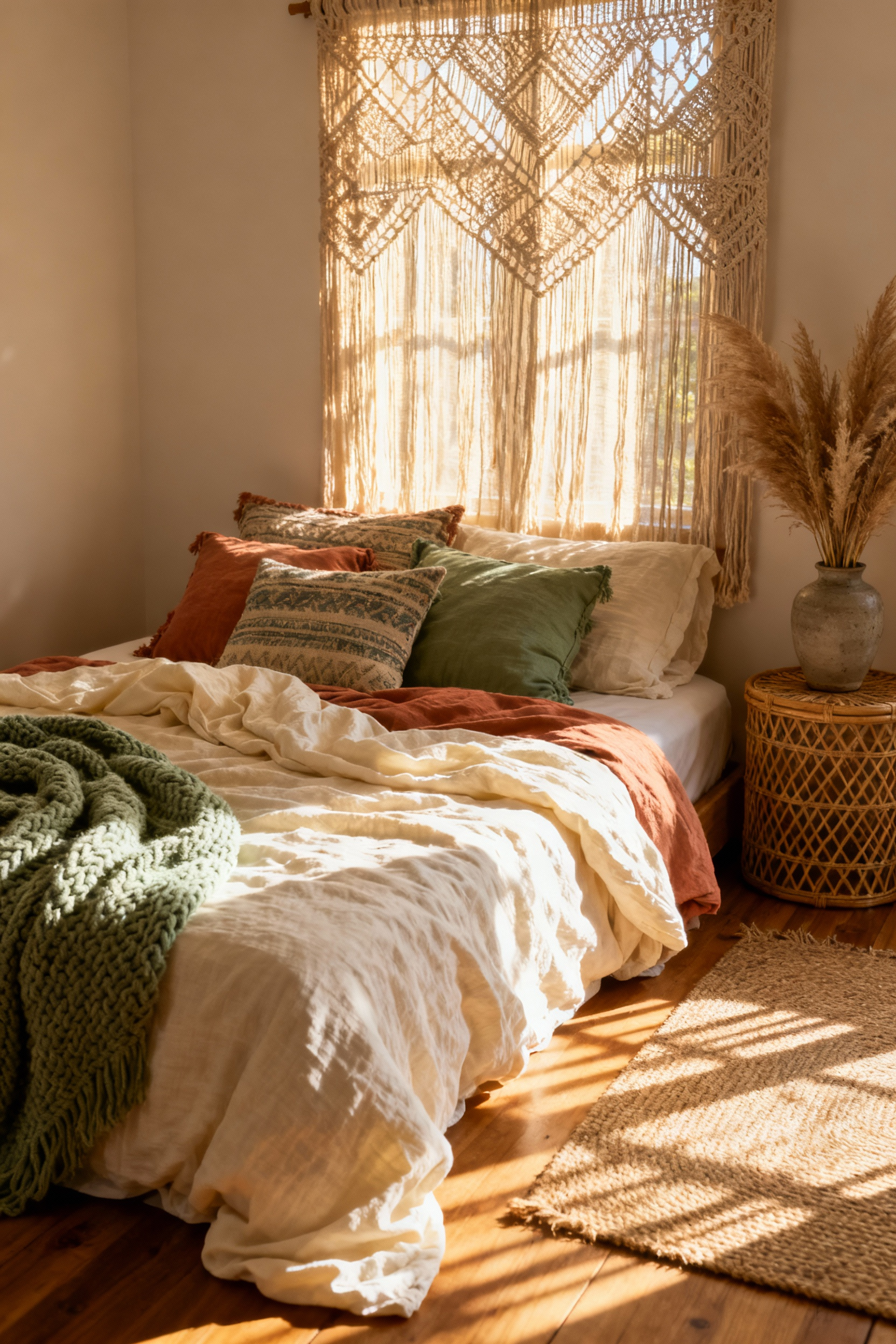 A serene bohemian bedroom sanctuary featuring a bed with layered washed linen bedding in earthy tones, with filtered morning sunlight streaming through an open-weave macramé curtain.