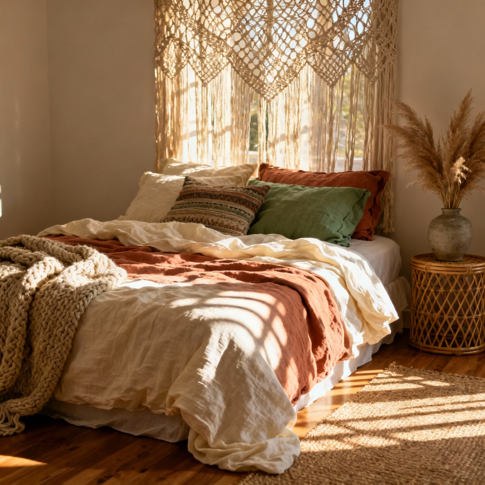 A serene bohemian bedroom sanctuary featuring a bed with layered washed linen bedding in earthy tones, with filtered morning sunlight streaming through an open-weave macramé curtain.