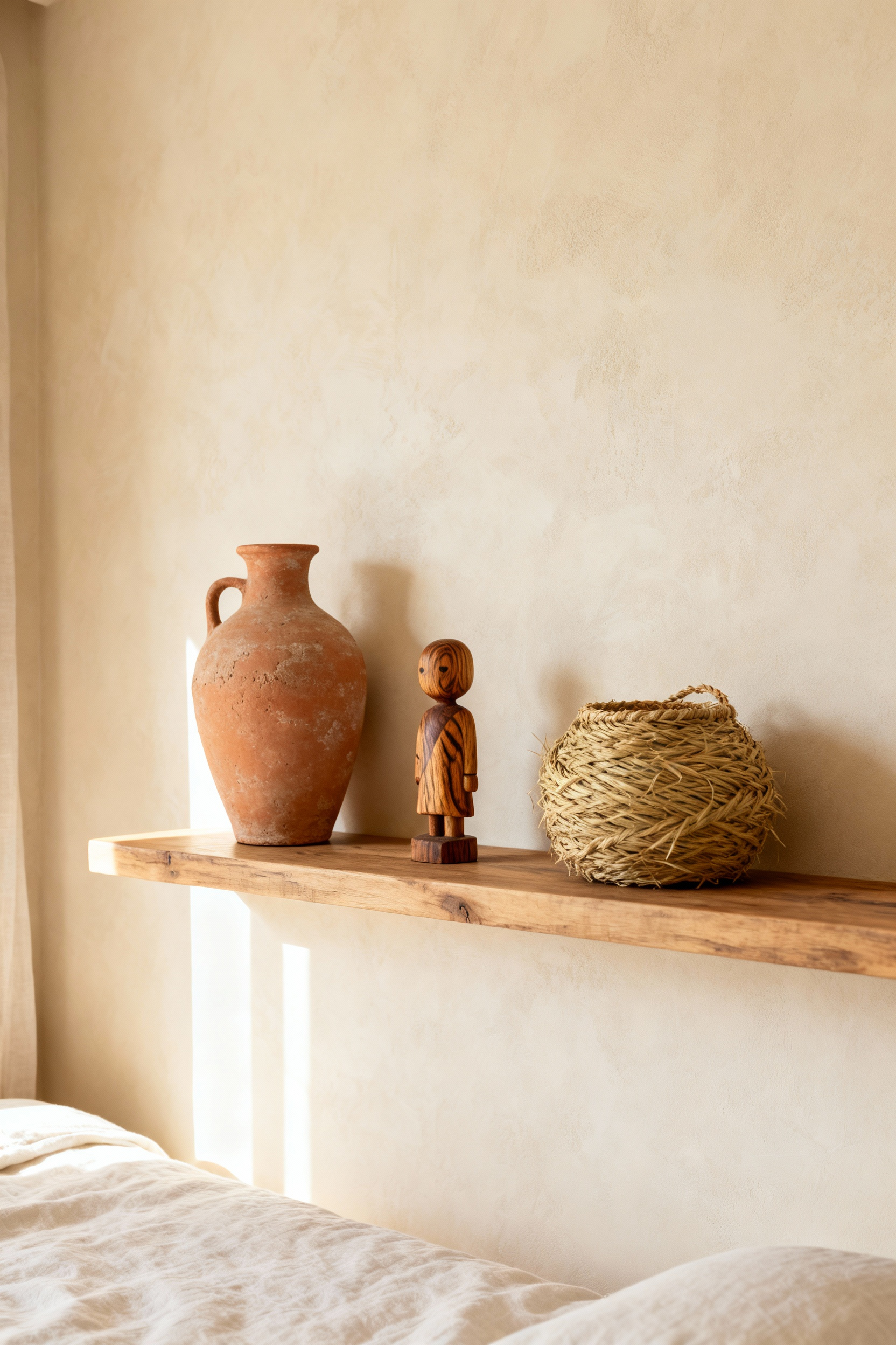 Curated bohemian global curio shelf featuring widely spaced textured artisanal items like unglazed pottery, carved wood, and woven baskets, utilizing negative space against a neutral wall.