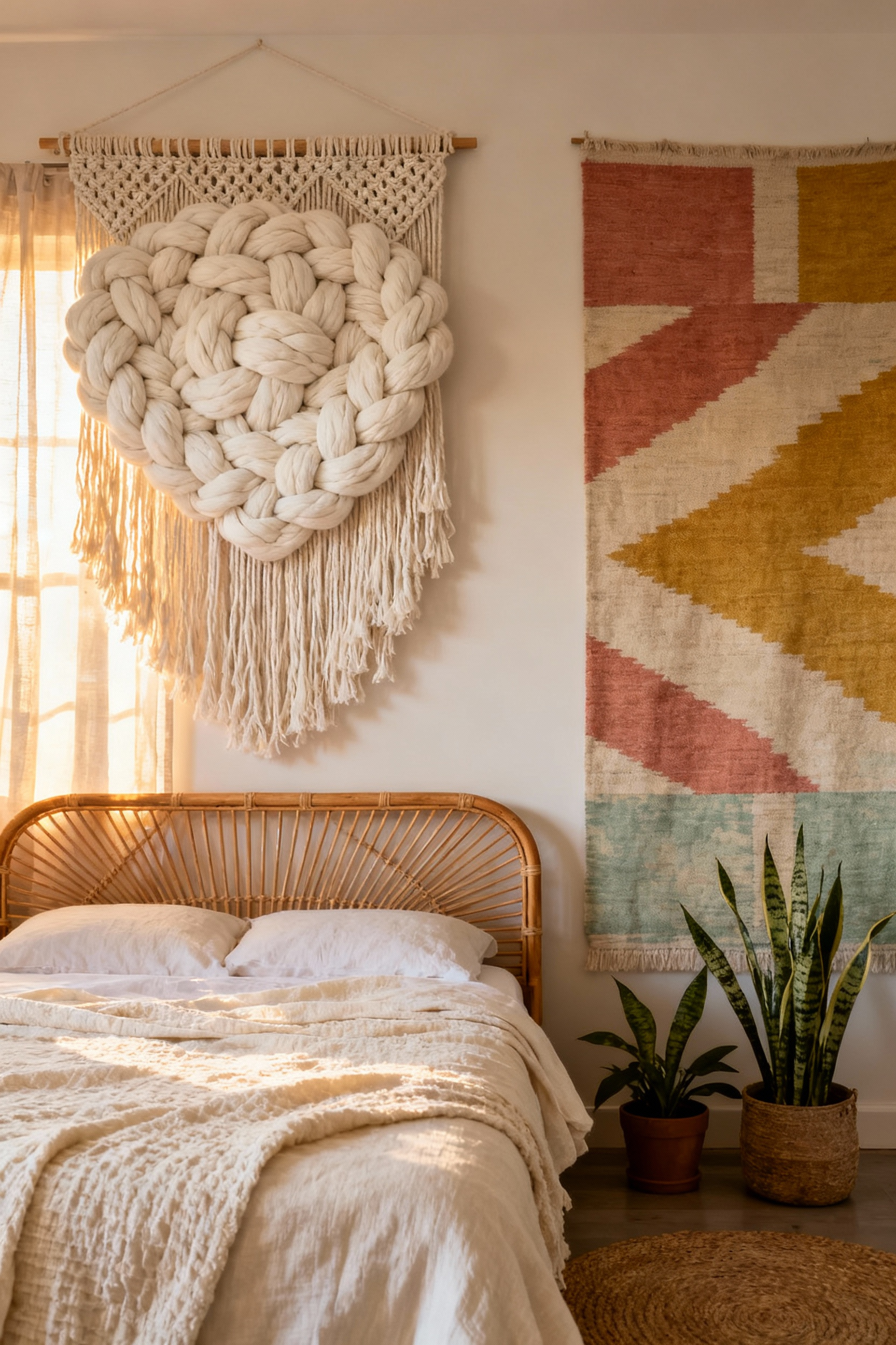 A sunlit bohemian bedroom showcasing both a chunky, knotted macramé wall hanging above the bed and a large, flat, woven tapestry on an adjacent wall, demonstrating the visual and physical weight differences of fiber art.