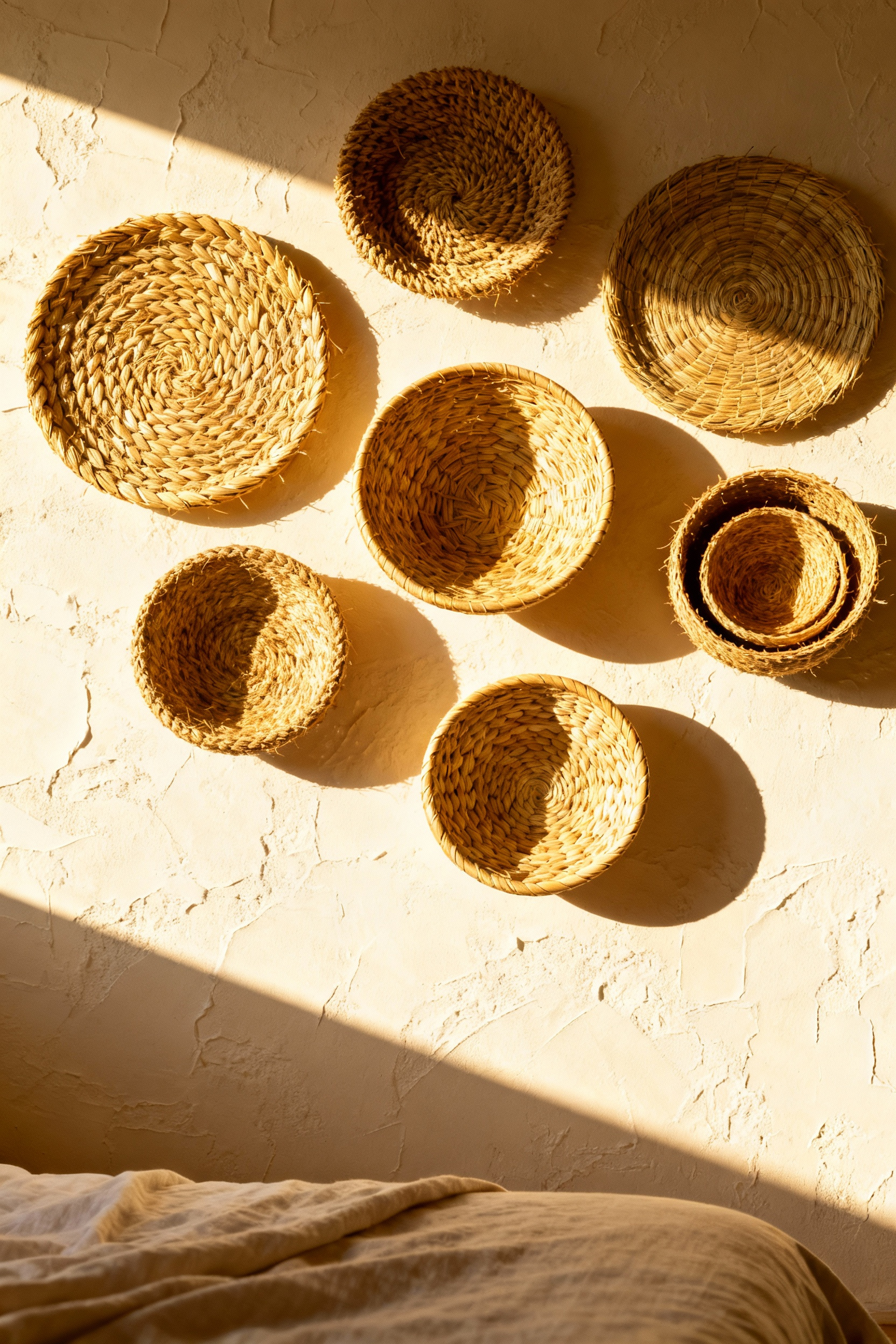 A bohemian bedroom wall featuring a sculptural gallery display of seven woven seagrass and sabai grass baskets of varying depths and textures, dramatically highlighted by directional natural sunlight.