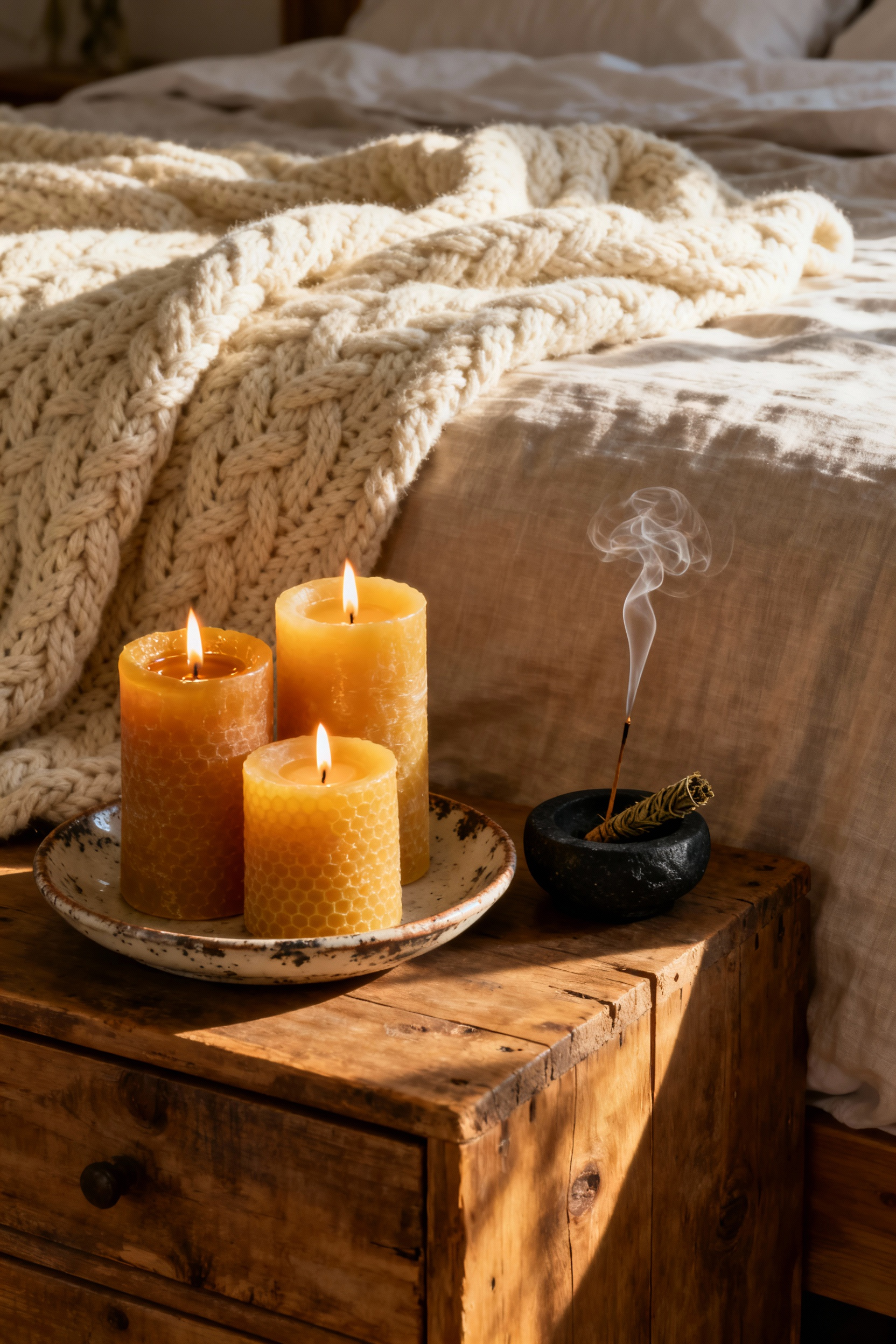 A warm photograph showing a bohemian bedroom corner with focus on scentscaping elements, including three burning beeswax pillar candles and a stick of hand-rolled botanical incense set atop a wooden dresser, framed by layered natural linen and wool textiles.