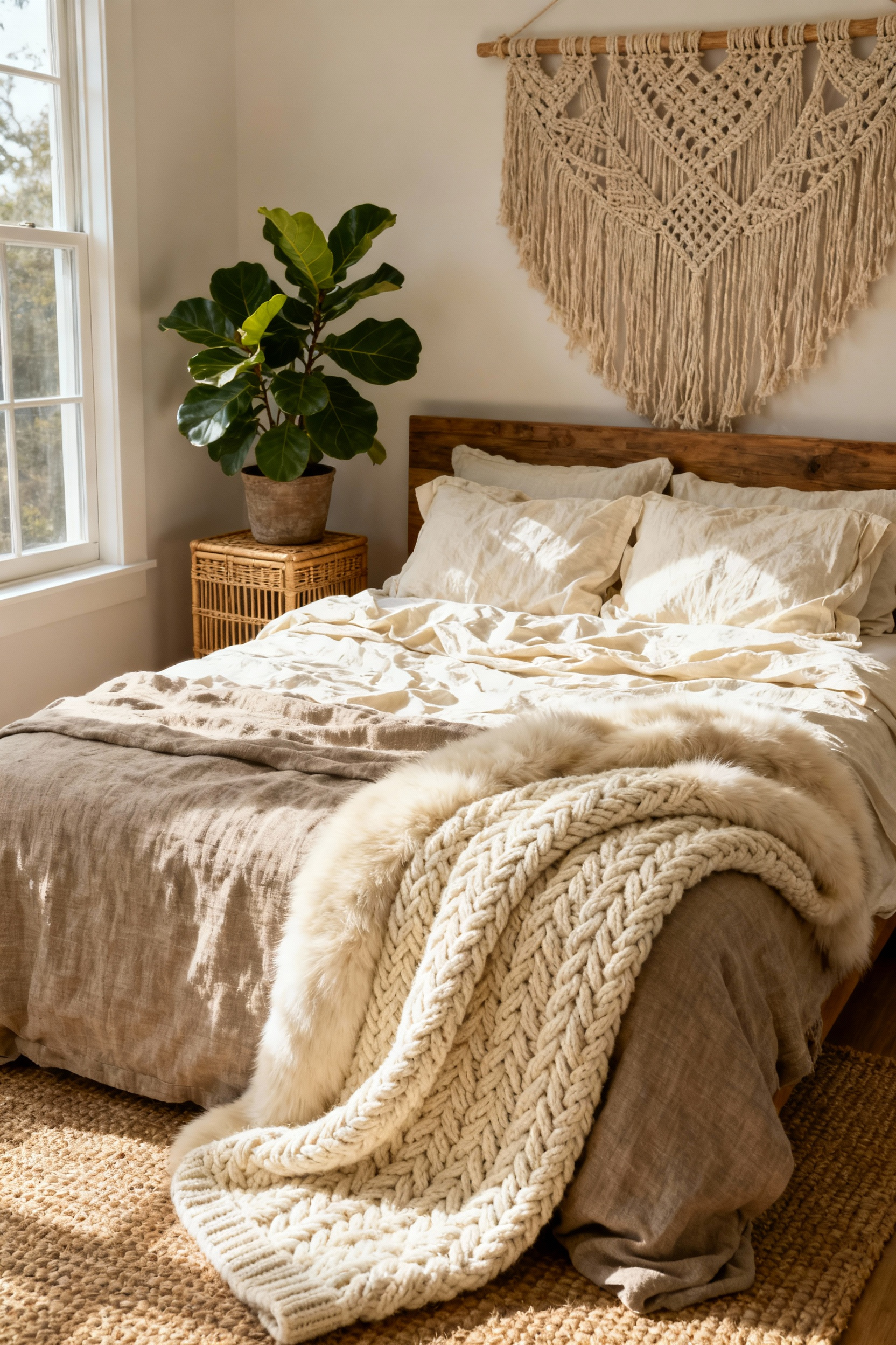 Bohemian bedroom featuring a king bed layered with cream linen sheets, a chunky knit throw, and a heavy faux fur blanket, demonstrating rich textile contrast and tactile warmth.