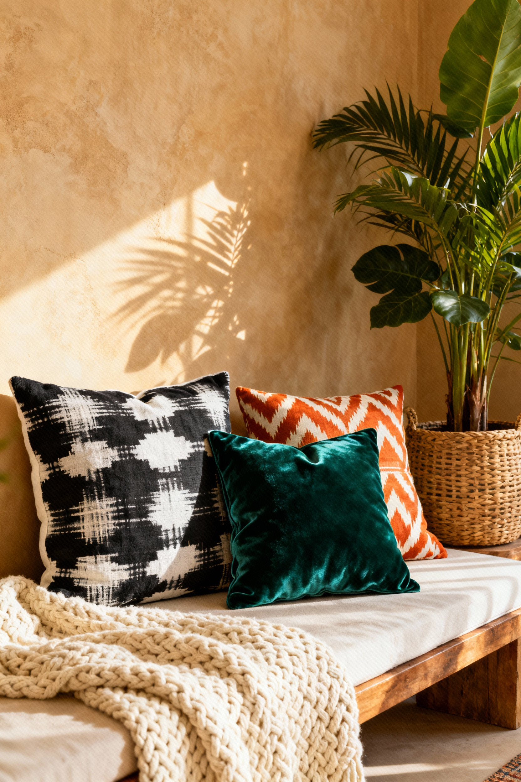 A photograph of bohemian bedroom decoration featuring layered throw pillows, including coarse Mudcloth, highly reflective emerald Silk Velvet, and patterned Ikat, arranged on a textured daybed under soft natural light.