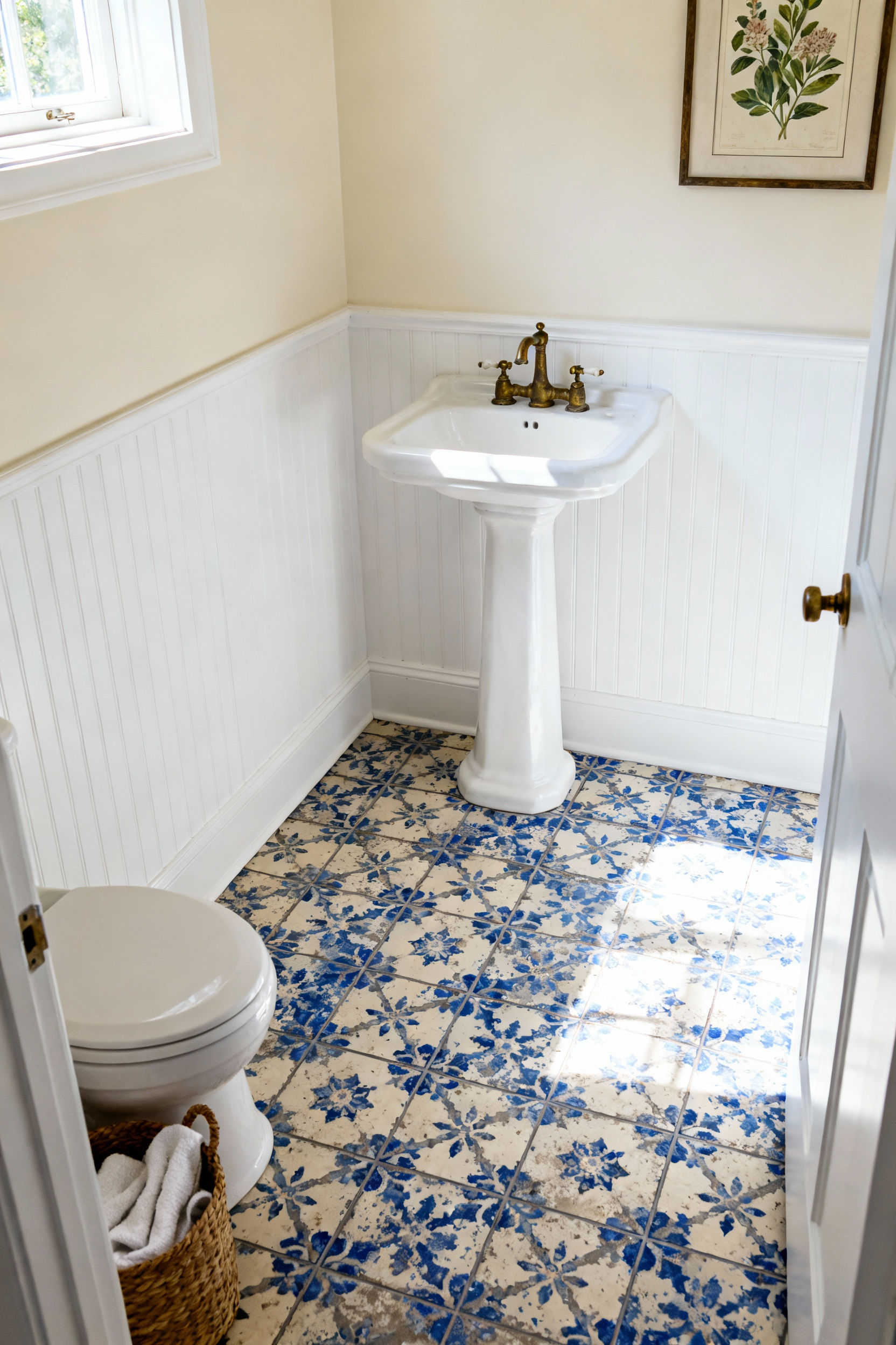 A small cottage powder room featuring a floor covered in realistic blue and cream encaustic patterned luxury vinyl tile, demonstrating a high-end look achieved on a budget remodel.