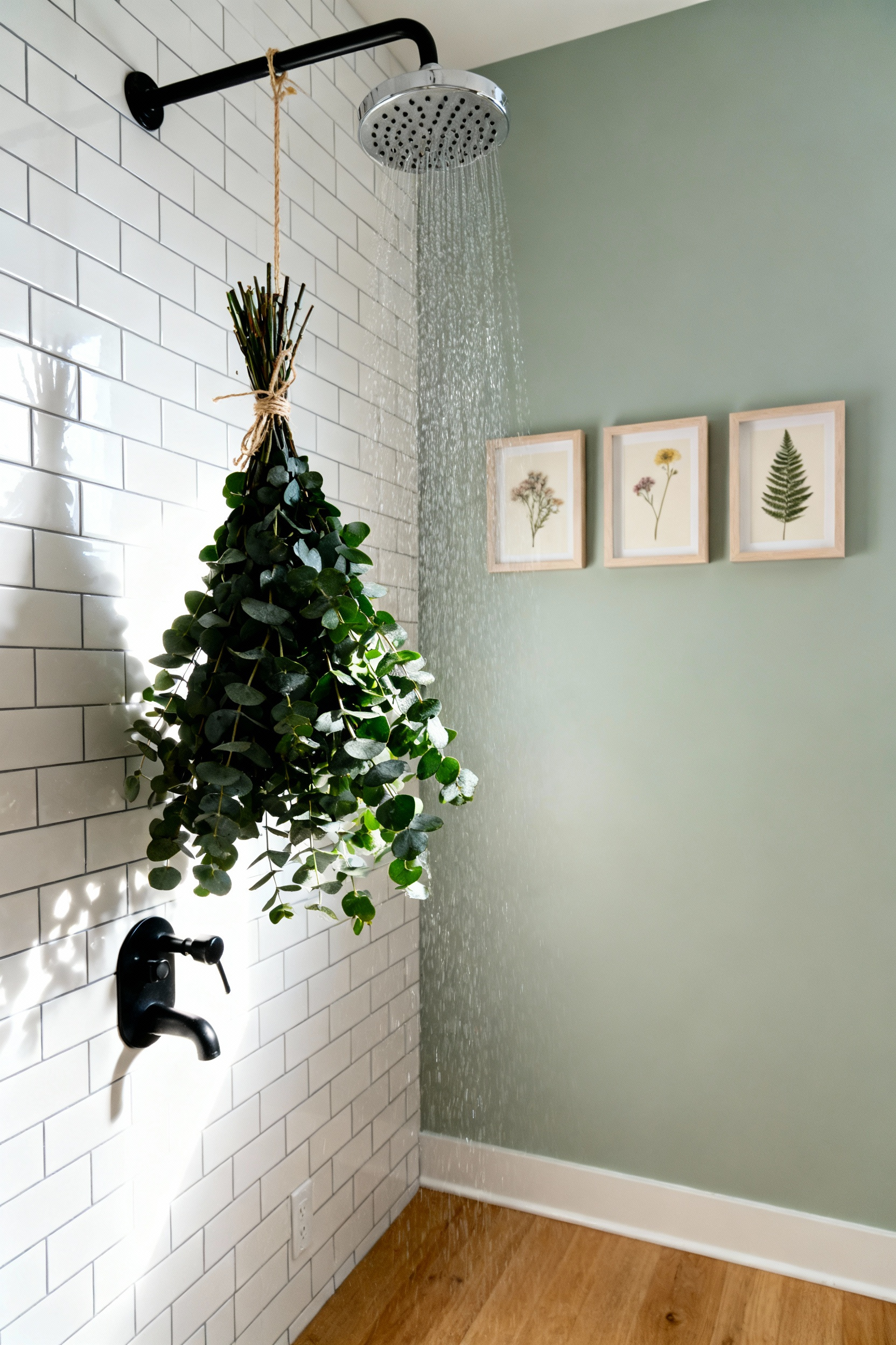 A small, spa-like bathroom featuring white subway tile, a hanging eucalyptus bundle on the showerhead, and framed pressed flower art on the adjacent pale sage wall.