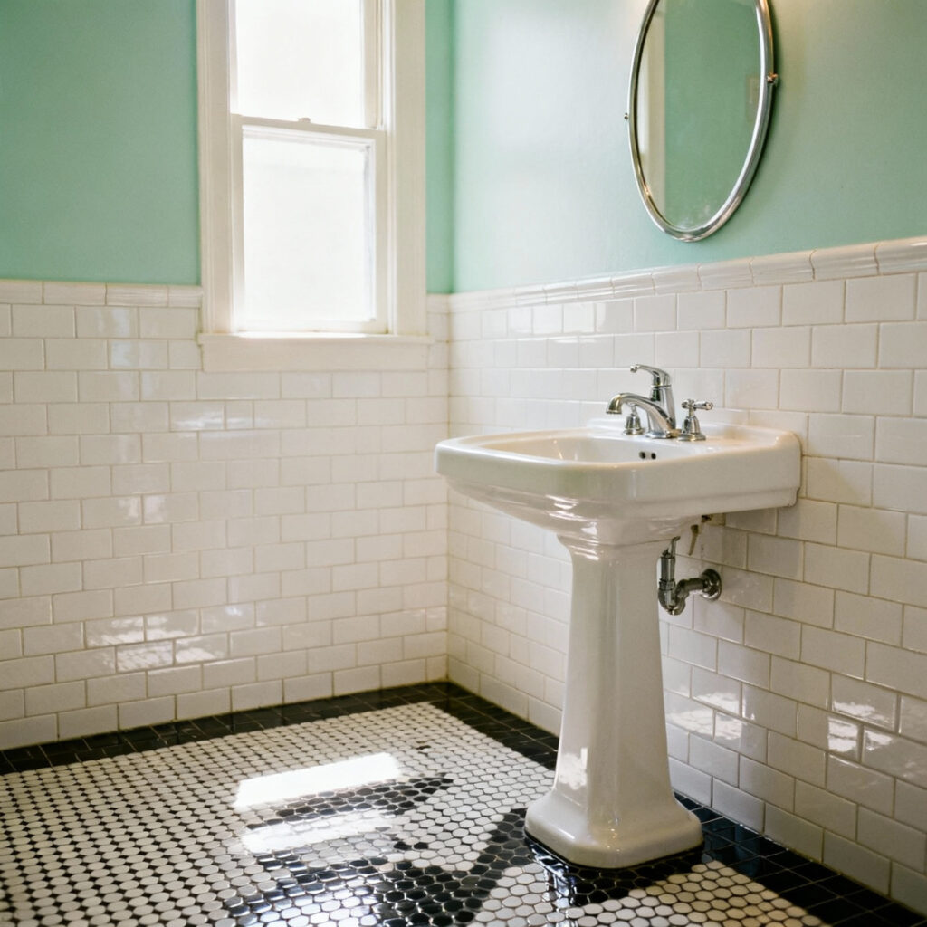 Small vintage bathroom interior showing high-contrast black and white penny tile flooring, crisp white subway wainscoting, and upper walls painted in a soft mint green.