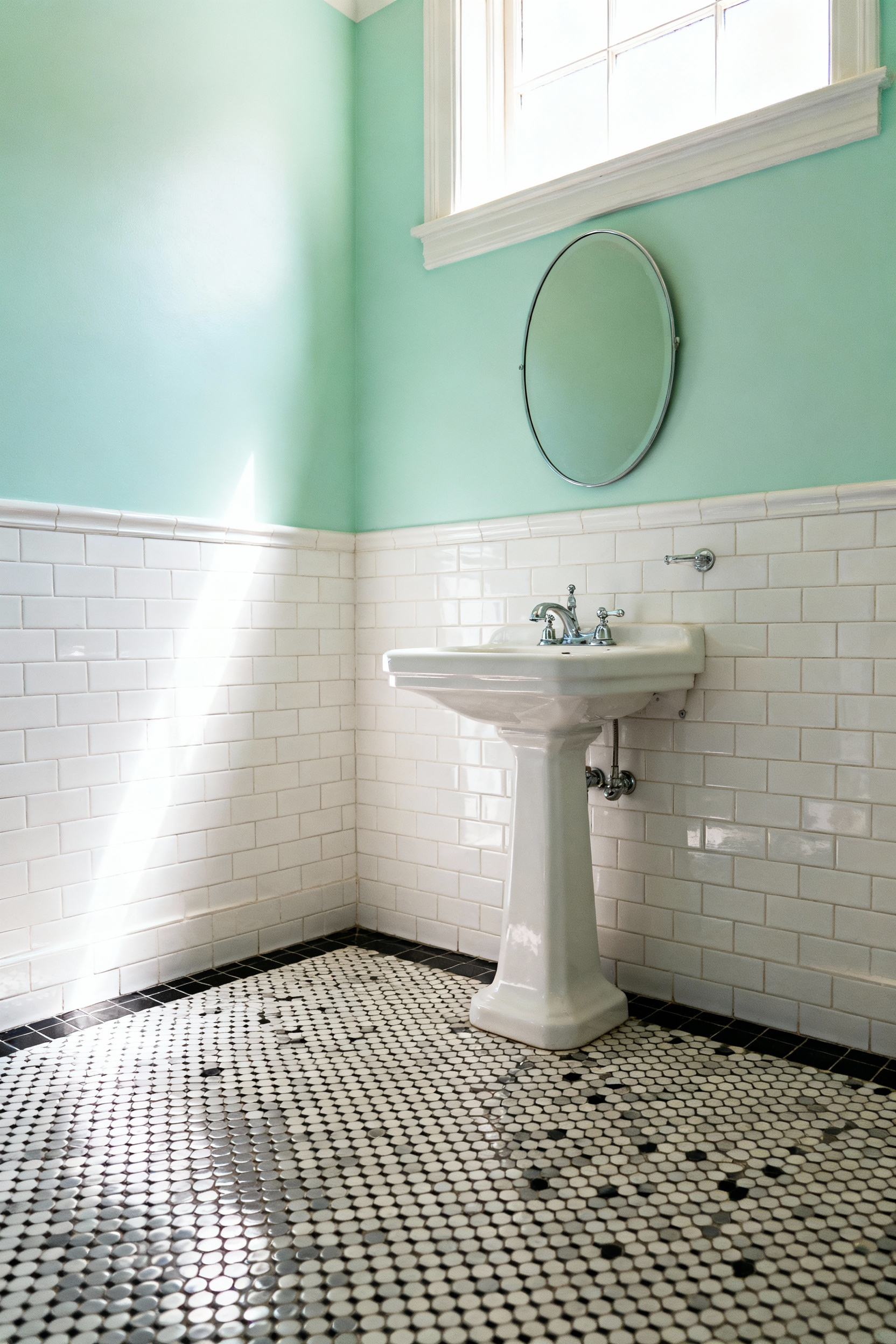 Small vintage bathroom interior showing high-contrast black and white penny tile flooring, crisp white subway wainscoting, and upper walls painted in a soft mint green.