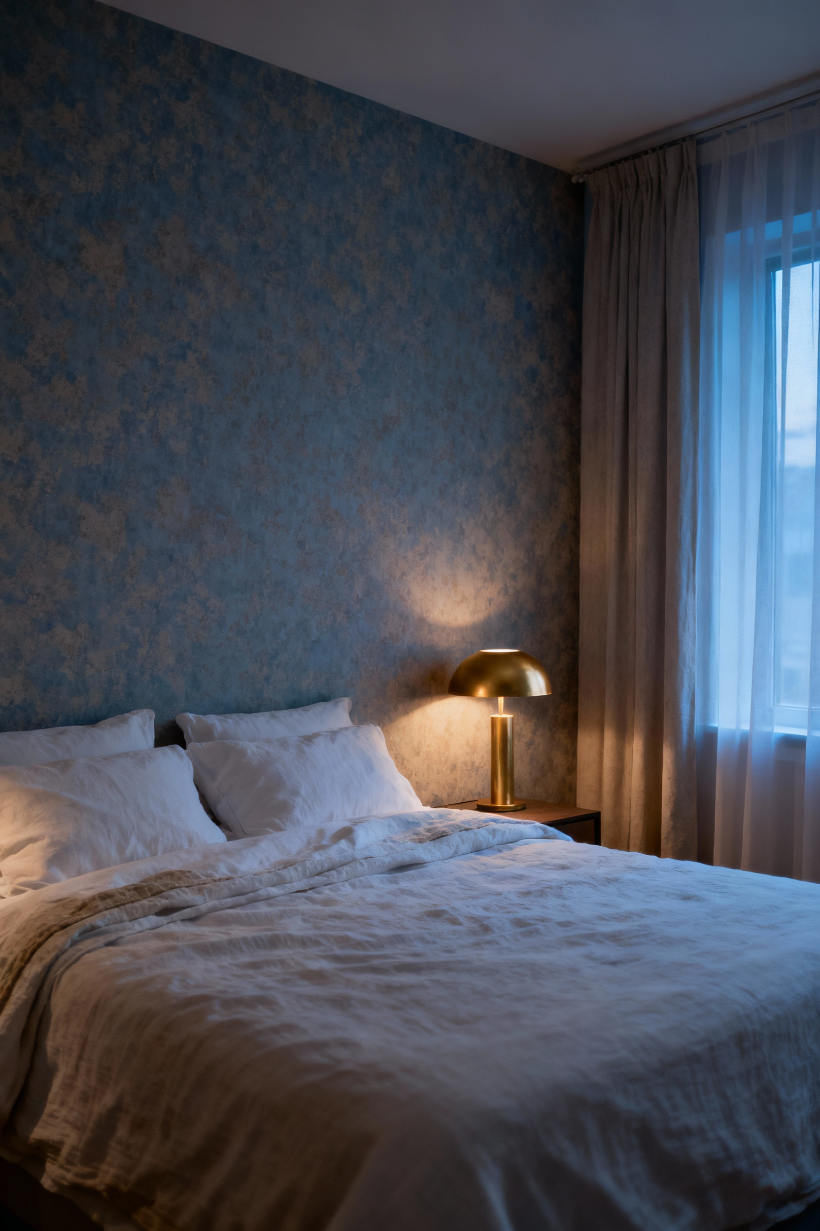 A modern, tranquil bedroom interior featuring low-saturation, muted taupe-blue wallpaper and soft linen bedding, designed to aid mental decompression in the evening.