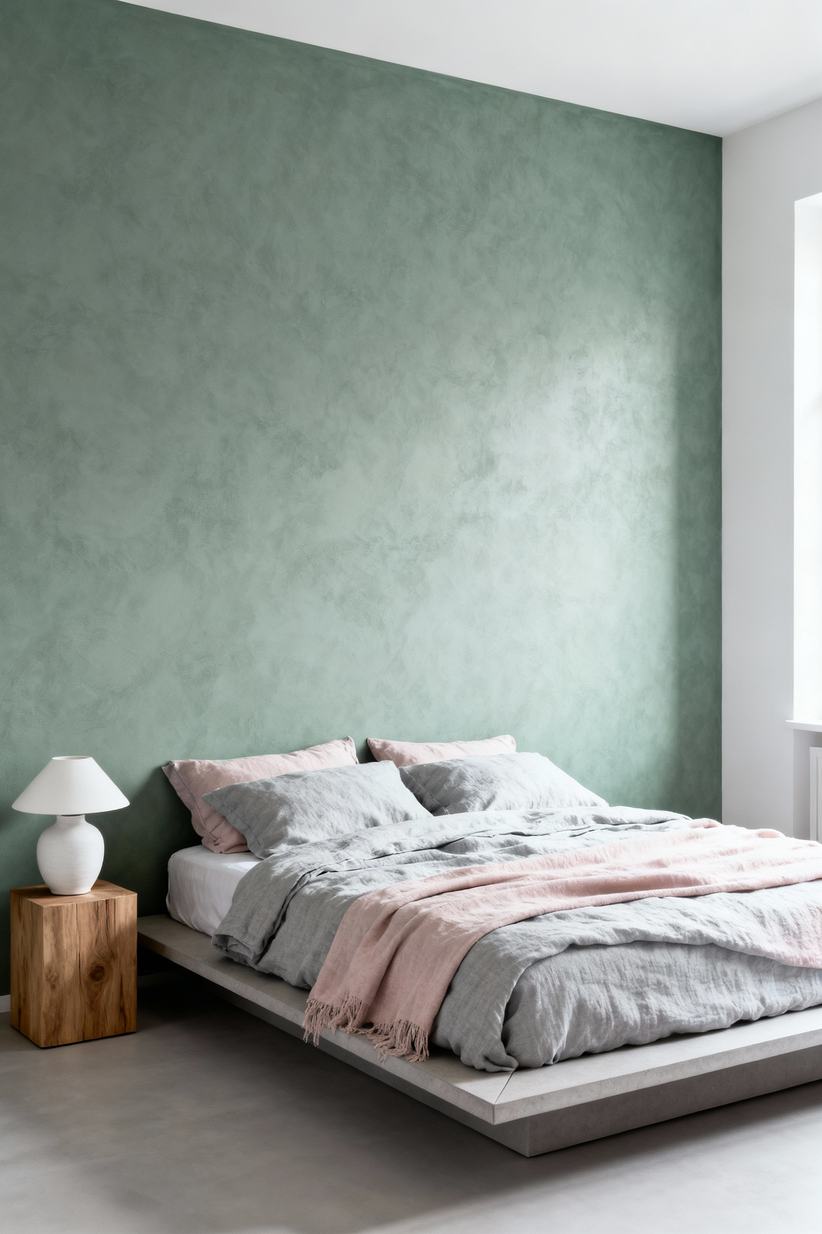 Serene bedroom featuring muted sage green wallpaper and soft neutral linens in blush pink and light gray, illustrating a calming aesthetic designed to lower heart rate.