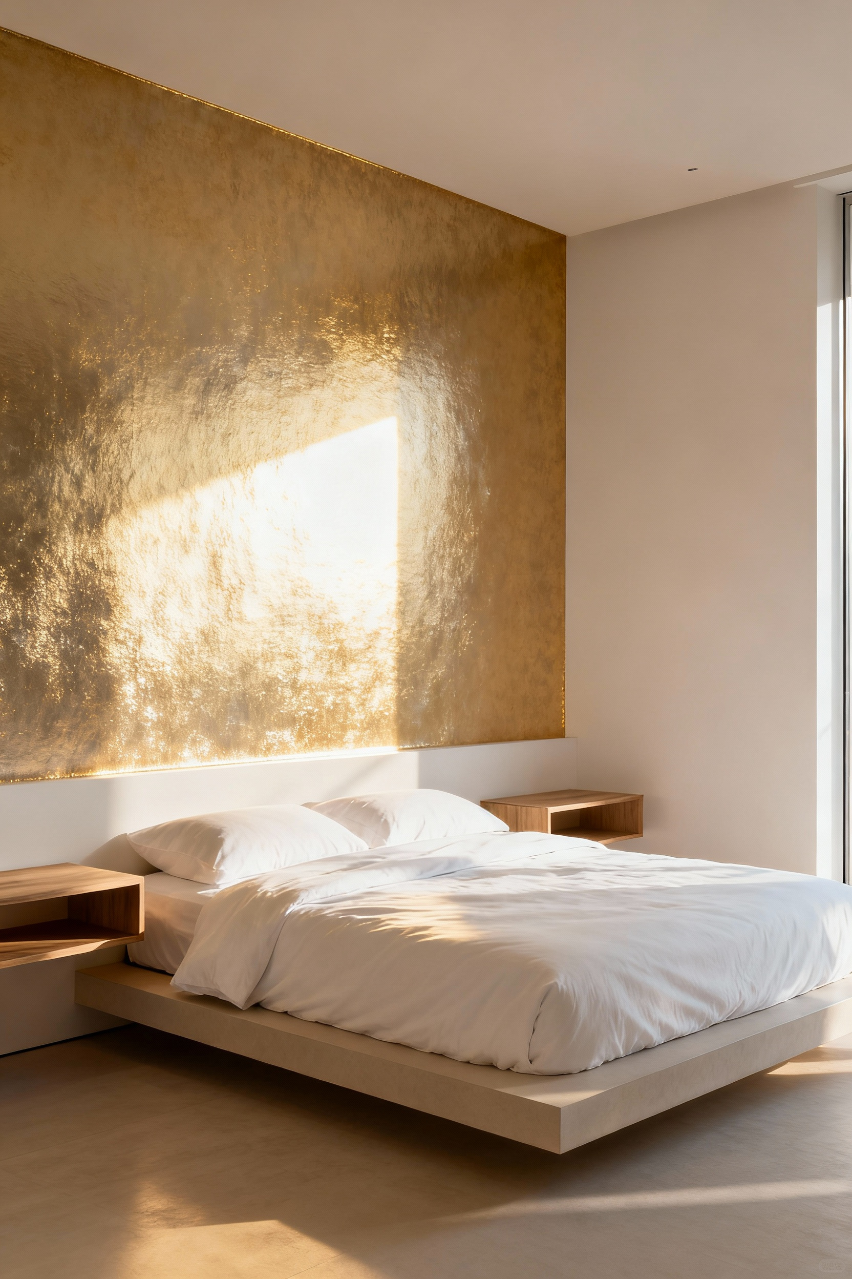 A bright bedroom featuring an accent wall opposite the window covered in shimmering champagne gold pearlescent wallpaper, gently illuminated by soft morning sunlight.