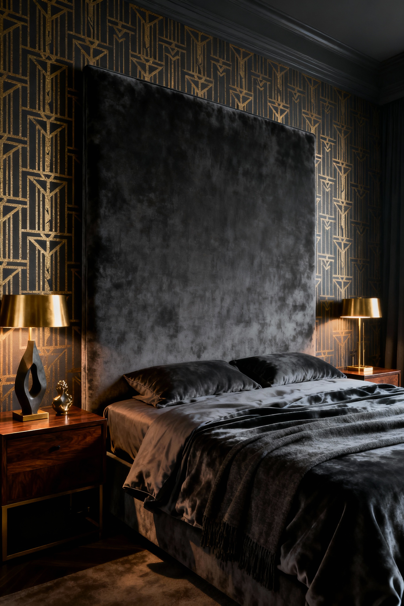 A luxury bedroom featuring a dramatic Art Deco wallpaper focal wall in matte charcoal and metallic gold geometric patterns behind a dark upholstered headboard.