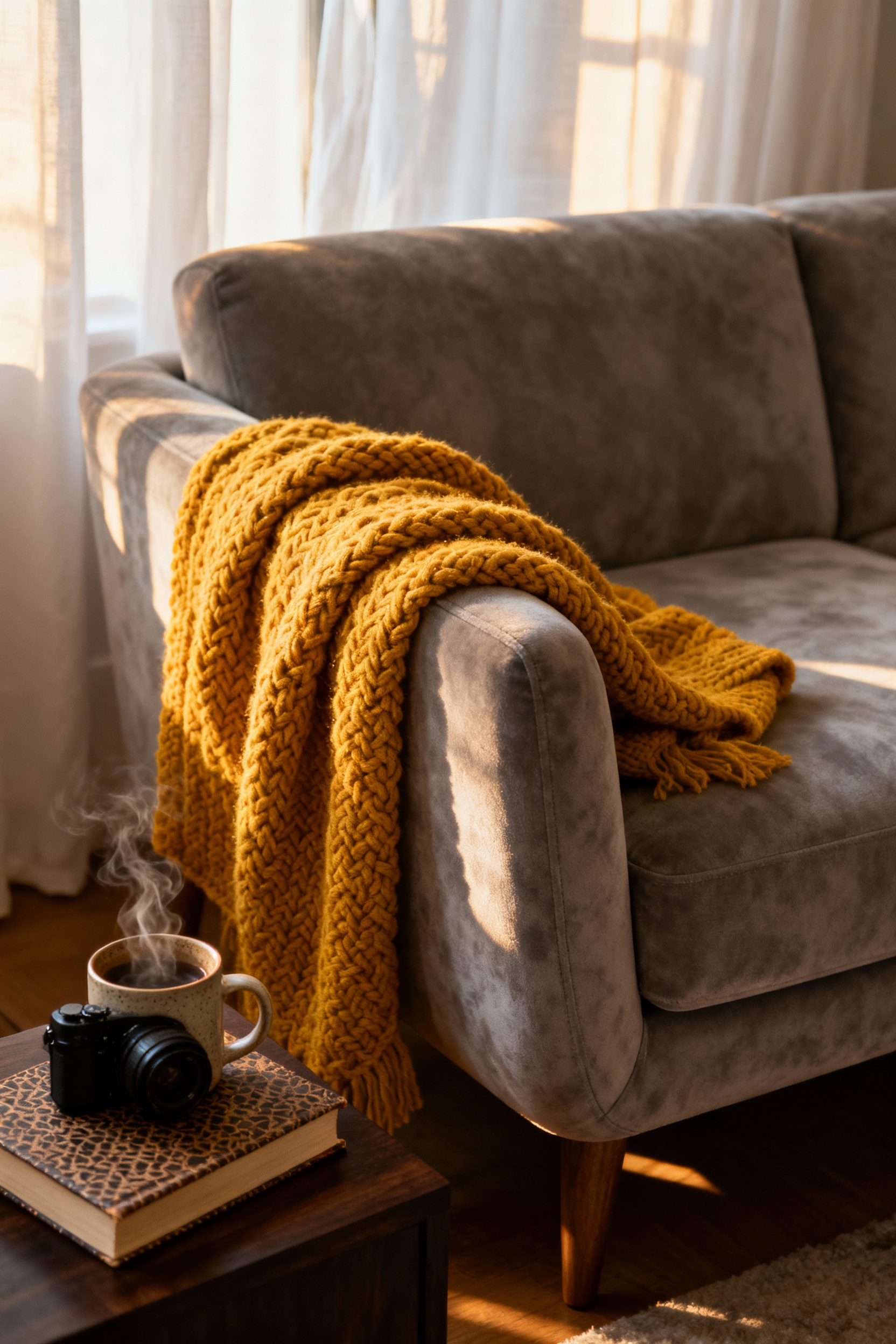 A chunky mustard yellow knit throw blanket is draped over the arm of a plush light gray sofa in a brightly lit modern living room, highlighting the contrast in color and texture for visual interest.