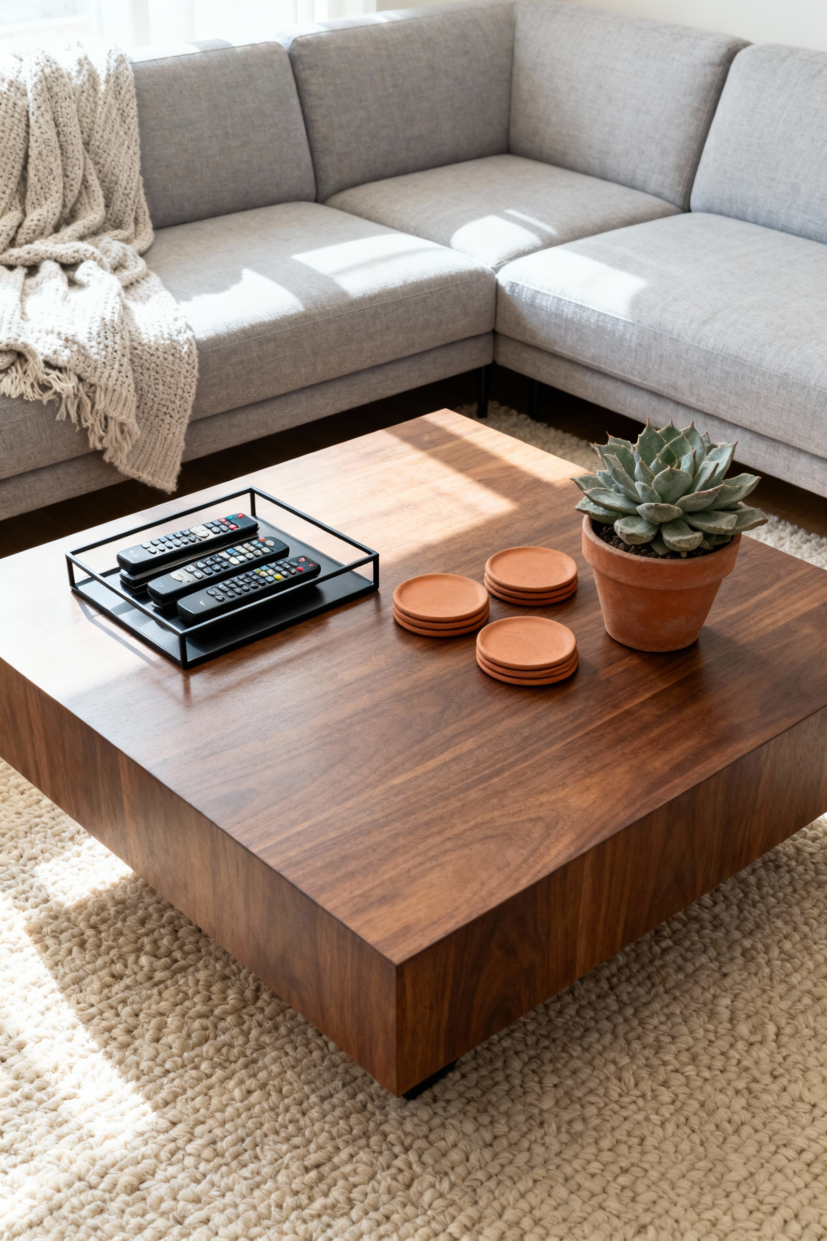 A modern living room scene featuring a dark wood coffee table with a rectangular tray vignette organizing remotes and coasters, illustrating how the tray corrals clutter.