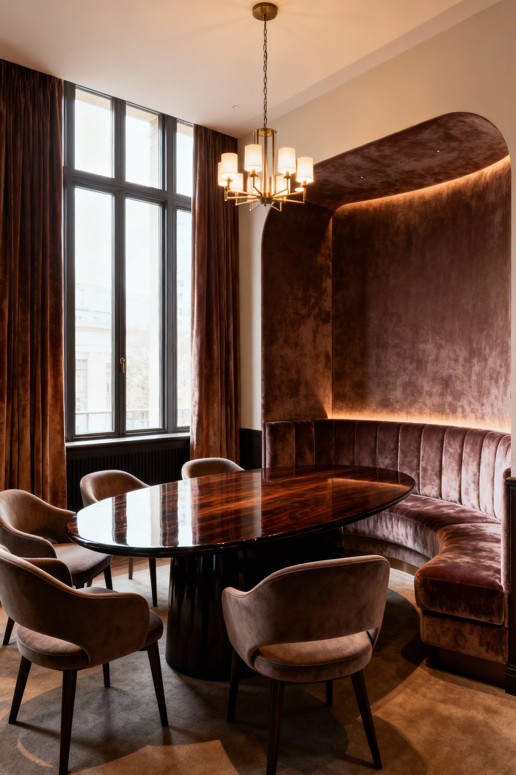 Luxury dining room with an oval table and plush seating, designed for optimal conversational flow and intimate dialogue, in a serene, warmly lit setting, no people.