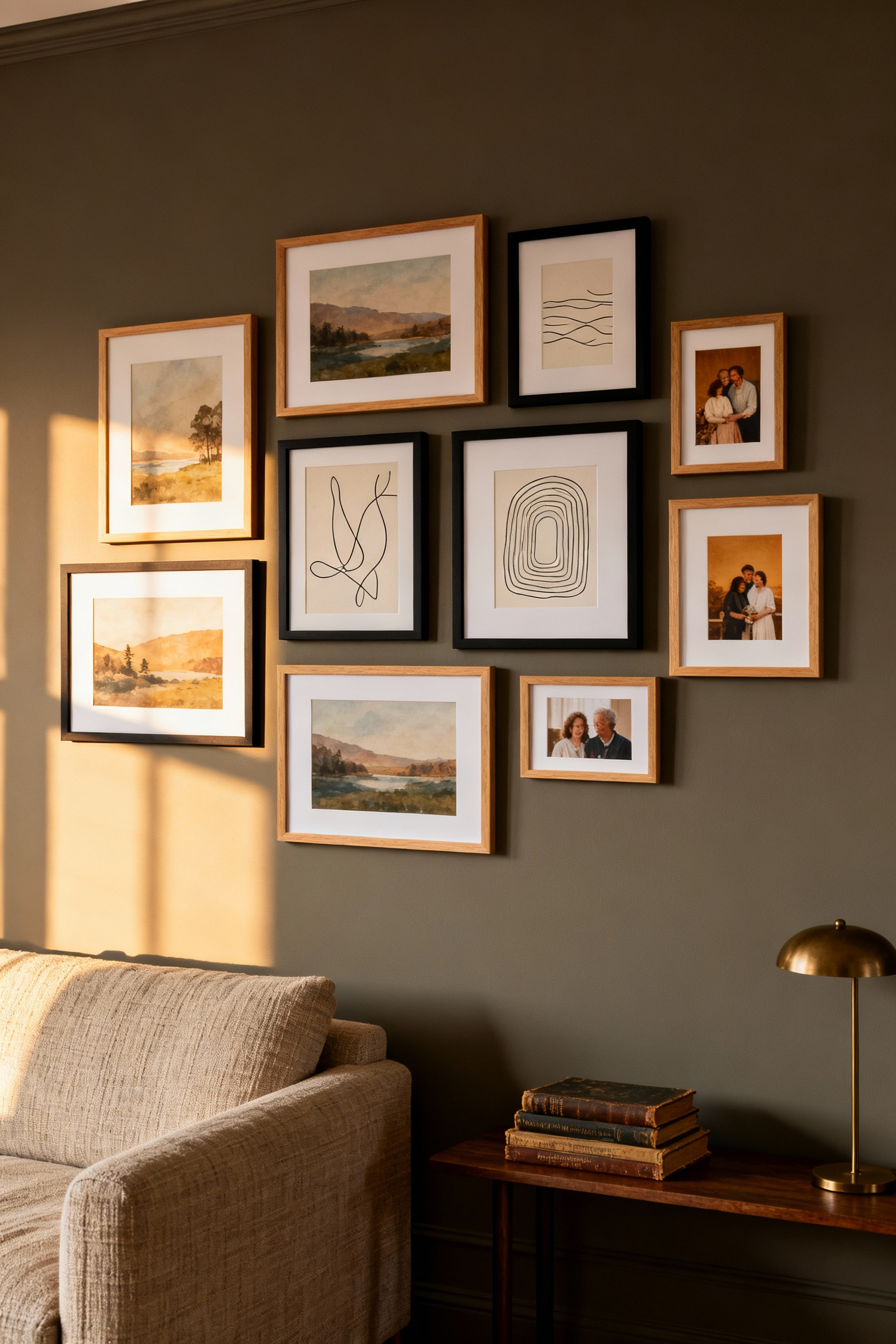 A perfectly arranged gallery wall in a warm living room, featuring a mixture of framed art prints and personal photographs, serving as a powerful focal point and primary living room accent.