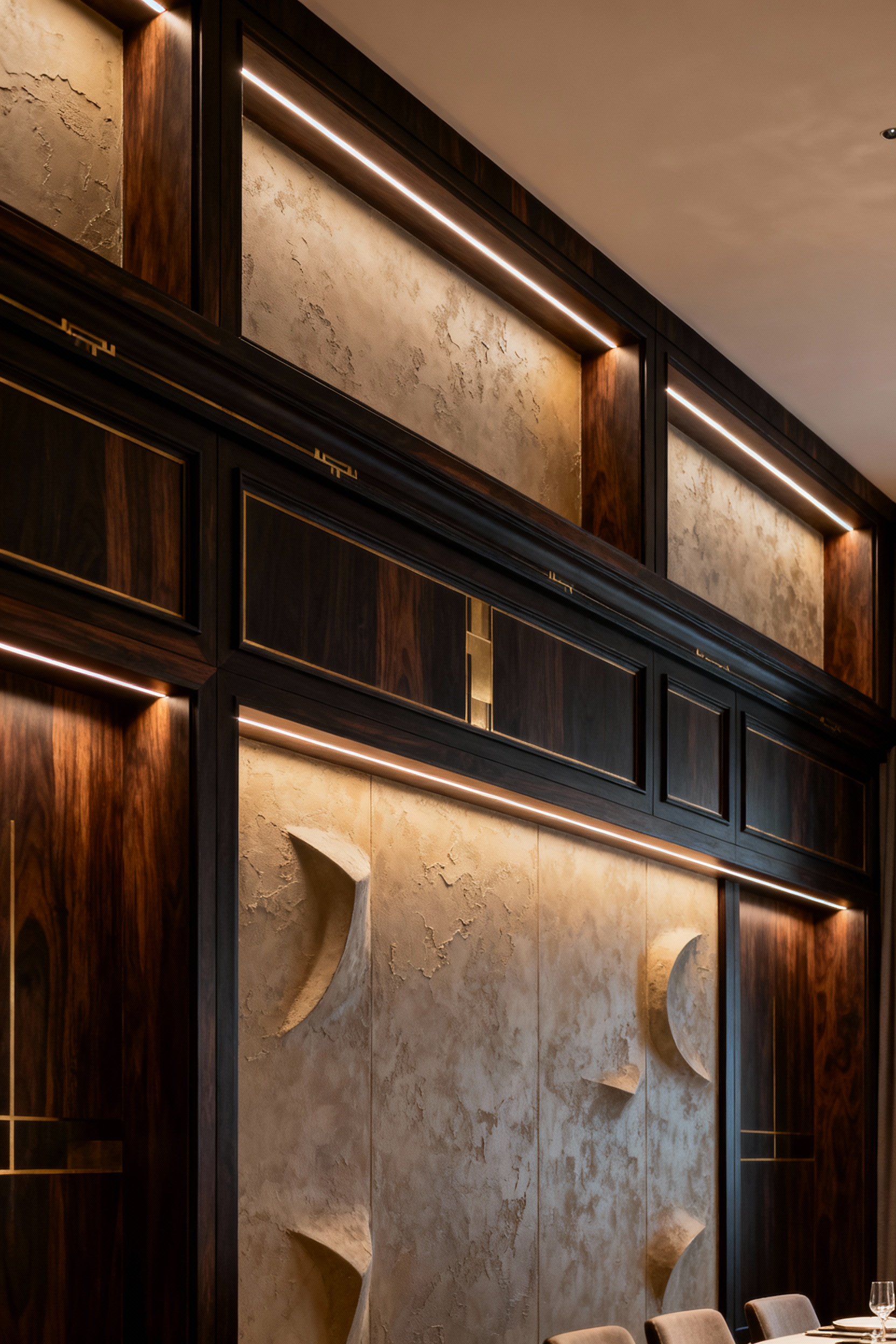 Luxury dining room wall featuring bespoke custom millwork and elevated paneling in ebonized walnut with brass inlays and Venetian plaster. Integrated LED lighting highlights the textures and architectural finishes, creating a refined and elegant atmosphere.