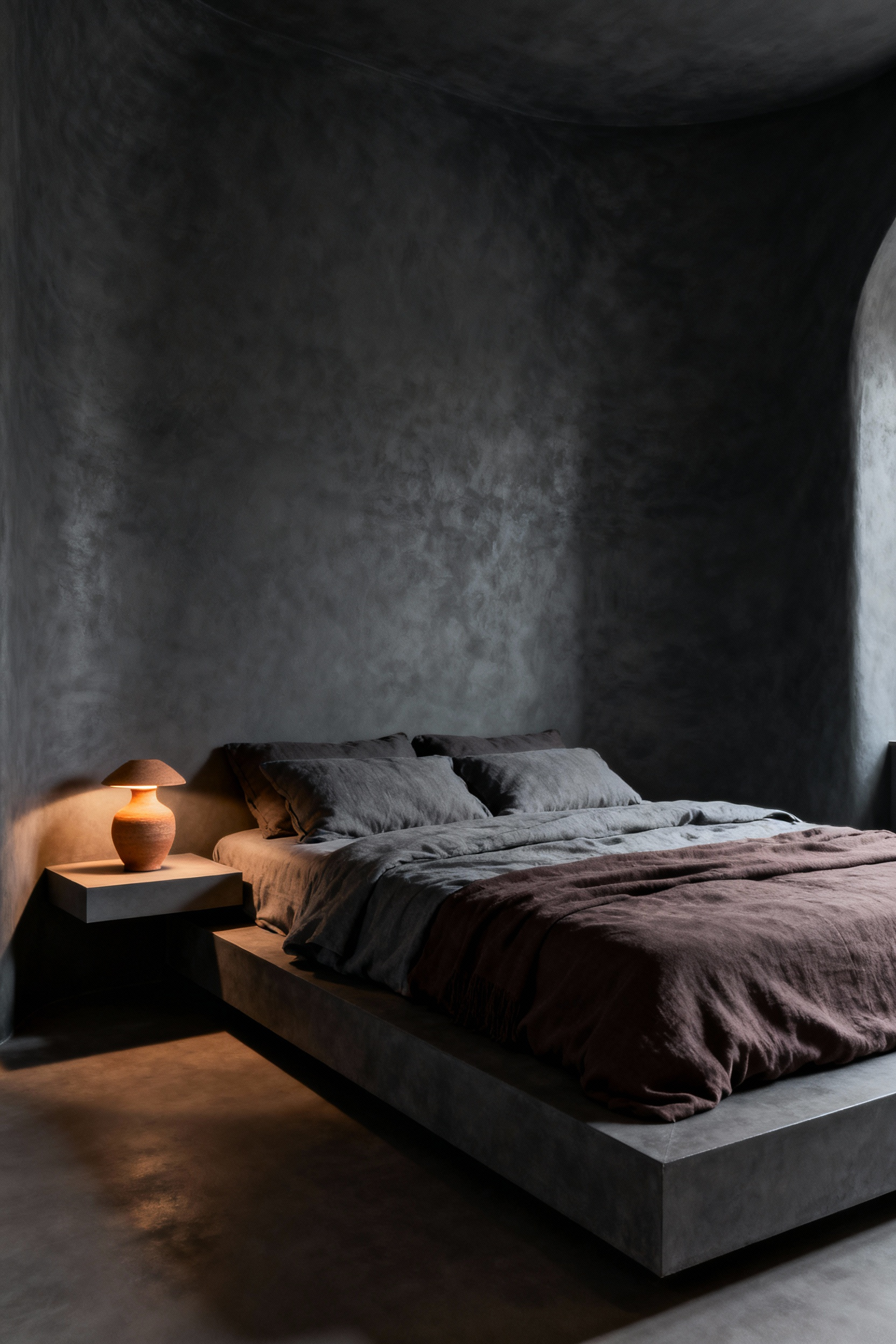 A moody, deep charcoal gray bedroom featuring matte textured wallpaper, low key lighting, and layered linen bedding designed to create a sleep sanctuary.