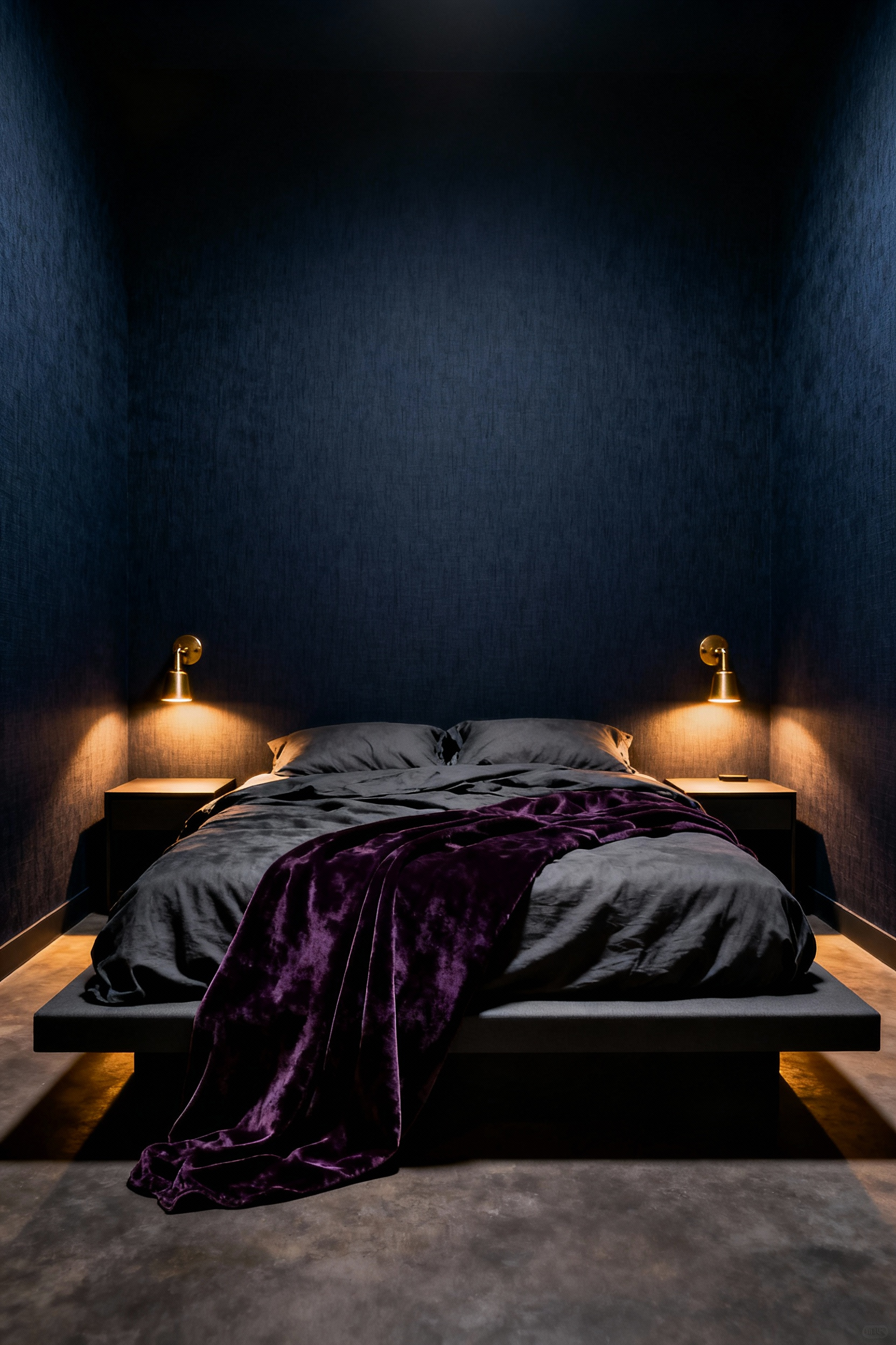 A deeply moody bedroom featuring Midnight Navy textured wallpaper, Charcoal Gray linen bedding, and dim, warm sconce lighting, exemplifying a light-absorbing 'cave' aesthetic for better sleep.