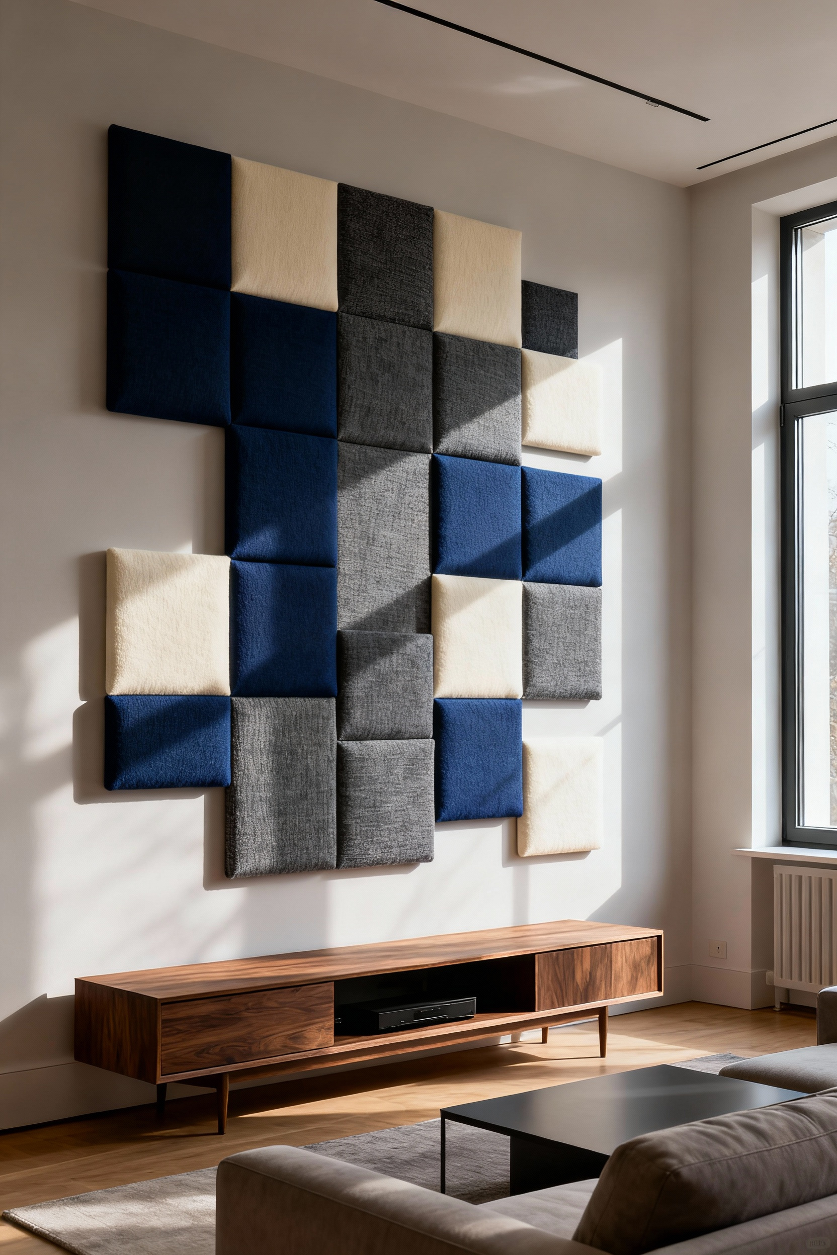 A modern living room wall decorated with large, geometrically arranged fabric-wrapped acoustic panels in deep blue and gray serving as stylish, sound-dampening textile art.