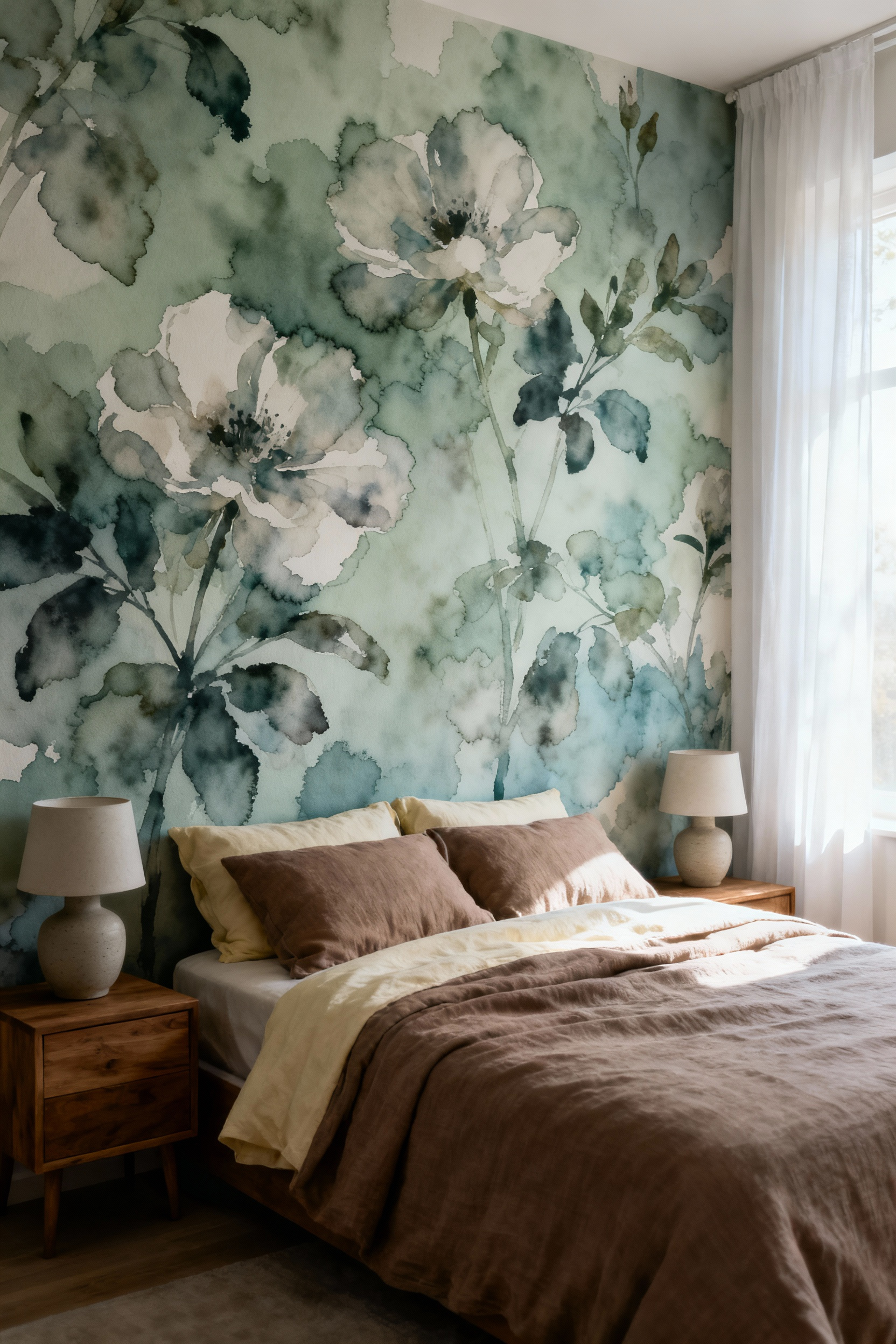 A tranquil bedroom featuring a wall covered in desaturated, soft watercolor botanical wallpaper in sage green and gray-blue, promoting a low-stimulation sleeping environment.