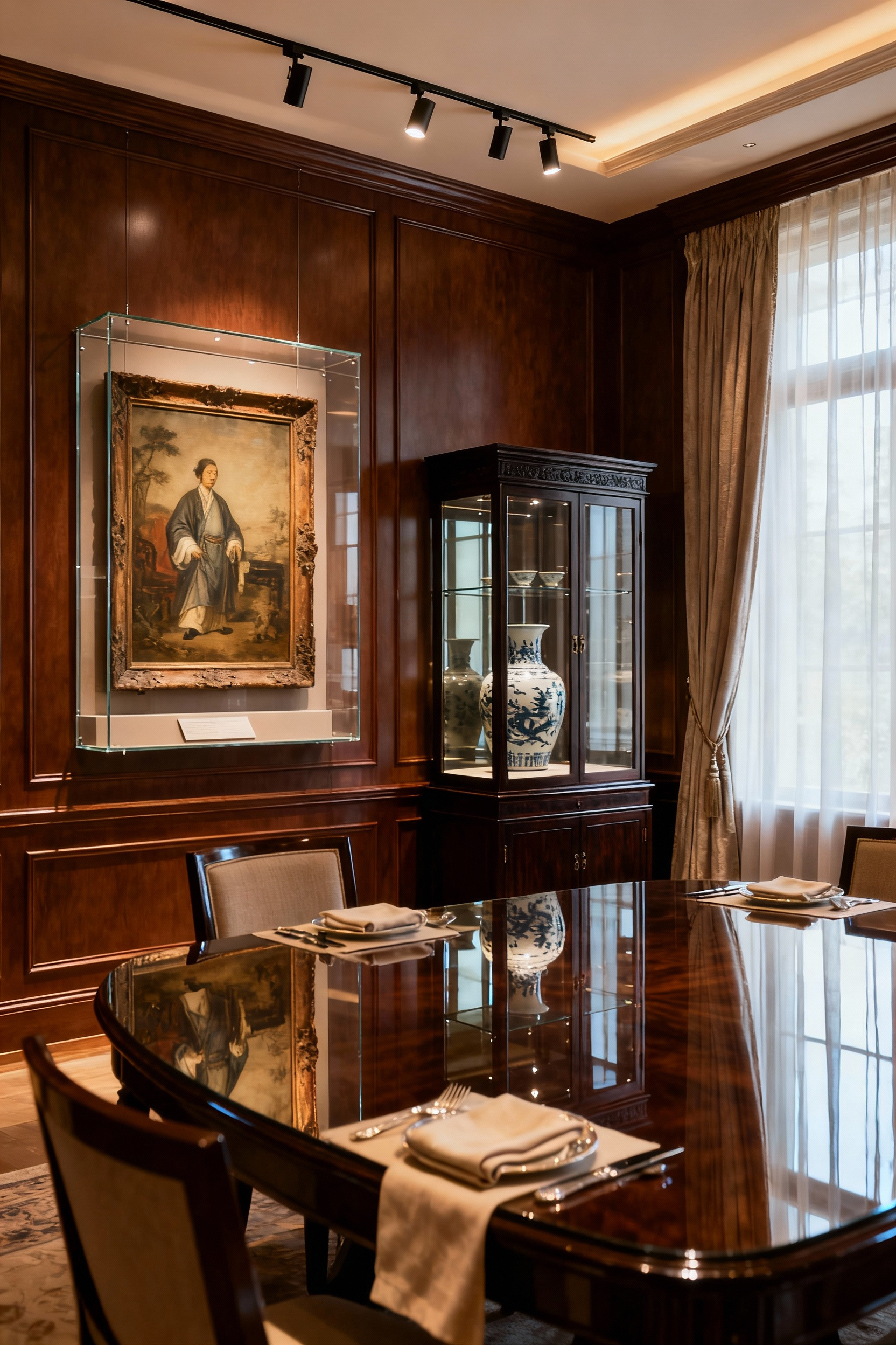 Luxury dining room showcasing an antique oil painting with UV-blocking glass and Ming Dynasty porcelain in a climate-controlled vitrine, emphasizing discreet art conservation and preservation techniques.