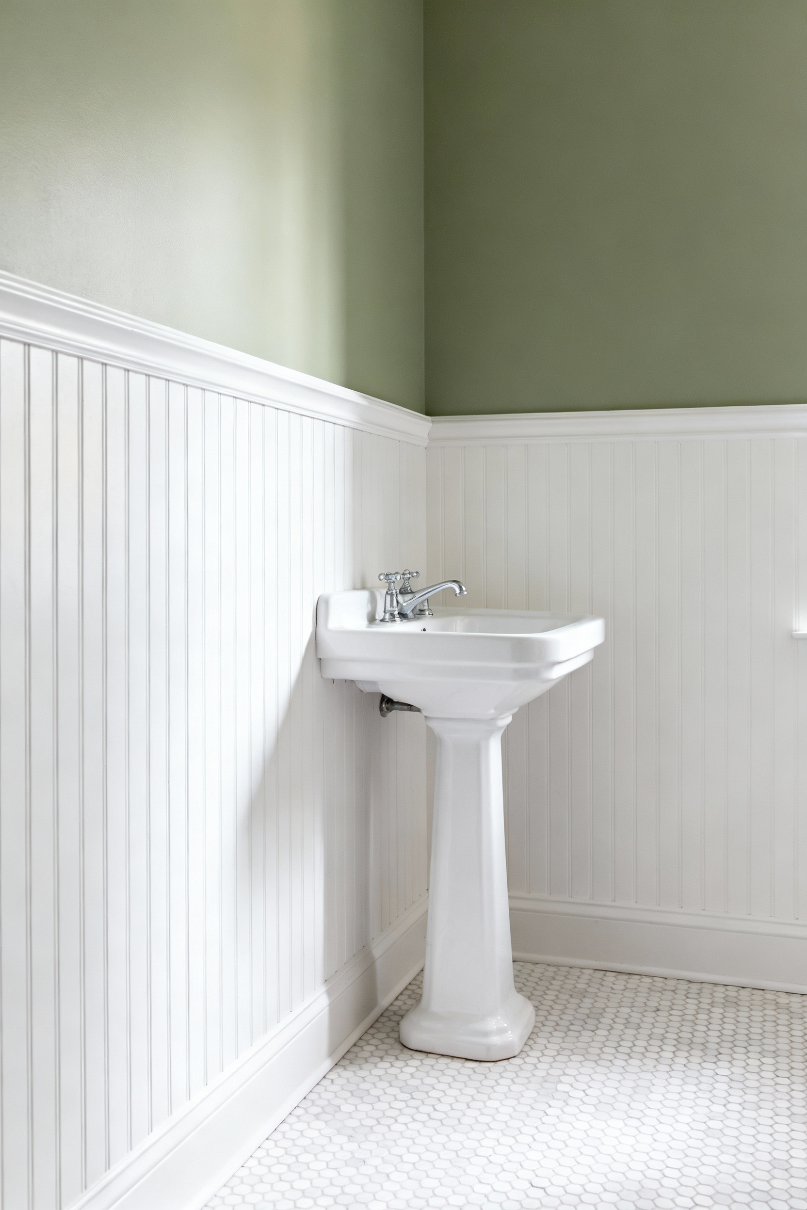 A bright, small transitional bathroom featuring cost-effective DIY white beadboard wainscoting paneling installed below a chair rail, demonstrating how vertical lines add height.
