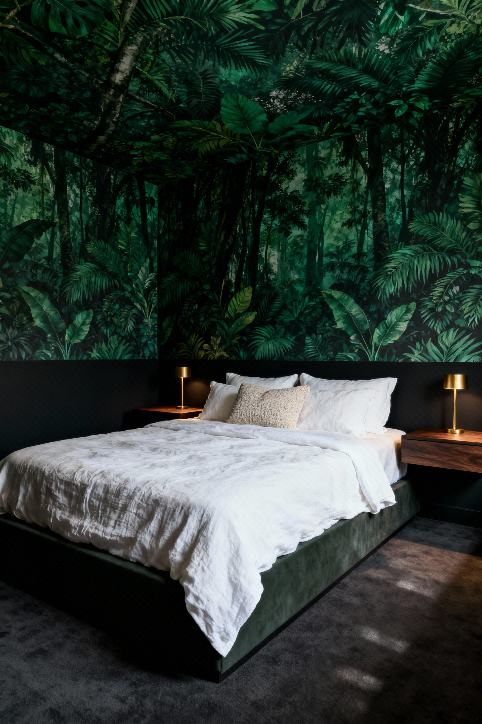 A master bedroom with all four walls covered in a dense, deep emerald green tropical canopy print wallpaper, creating a luxurious and restorative cocoon aesthetic with white linen bedding.
