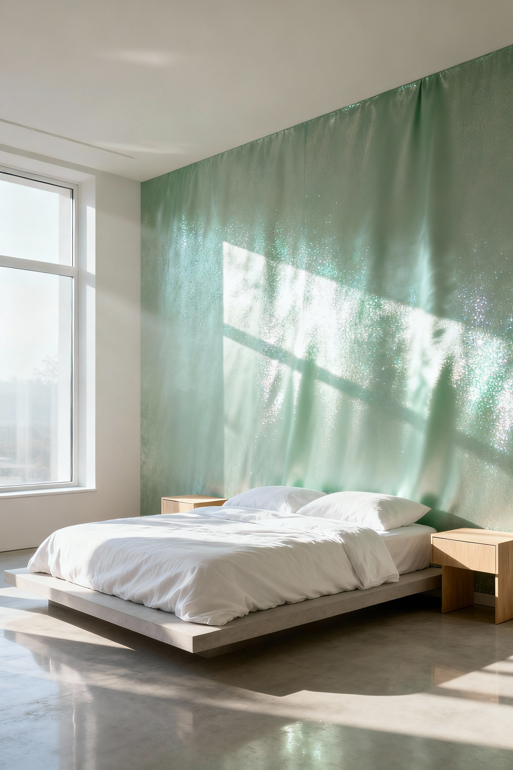 An airy, minimalist bedroom featuring shimmering pale sage green silk wallpaper that beautifully reflects diffused morning light, showcasing a luxurious bedroom wallpaper aesthetic.