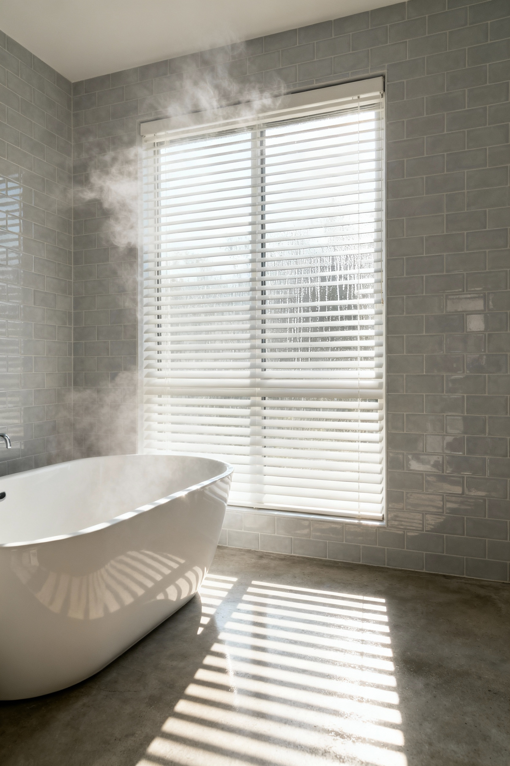 White faux wood blinds installed over a humid bathroom window next to a freestanding tub, illustrating a window treatment stable in high-moisture environments.