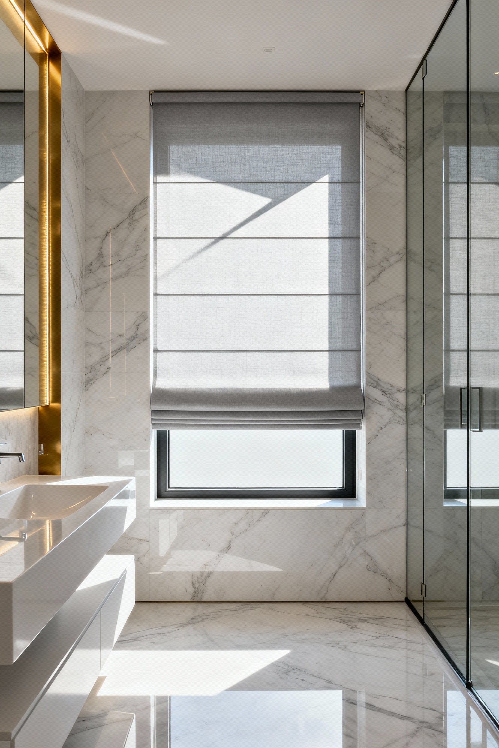 Crisp, light gray synthetic Flat Fold Roman shade installed on a window in a bright, modern bathroom featuring polished stone and glass surfaces.