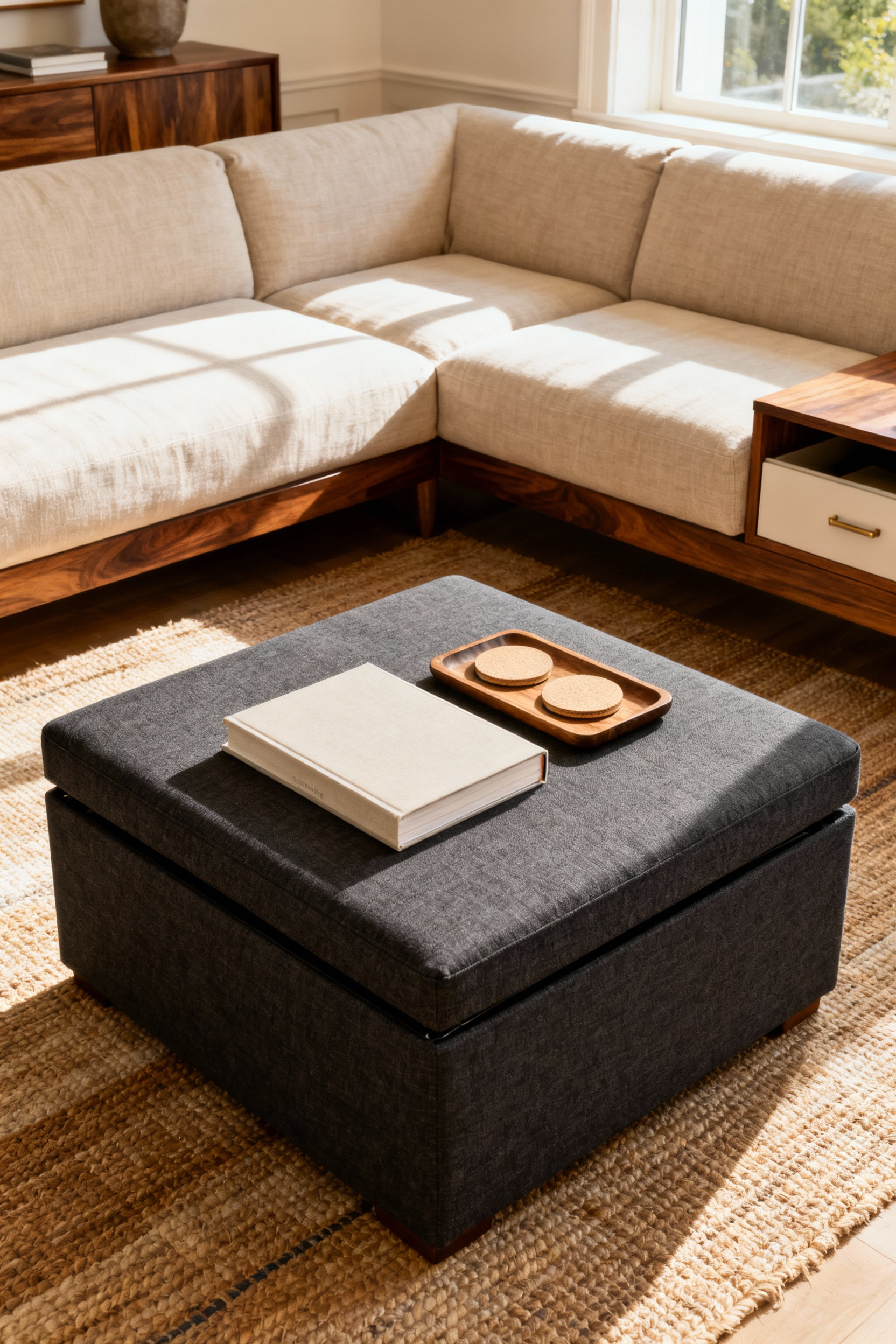 A cozy, organized living room featuring a large charcoal gray storage ottoman used as a coffee table, emphasizing functional beauty and clutter reduction in the main seating area.