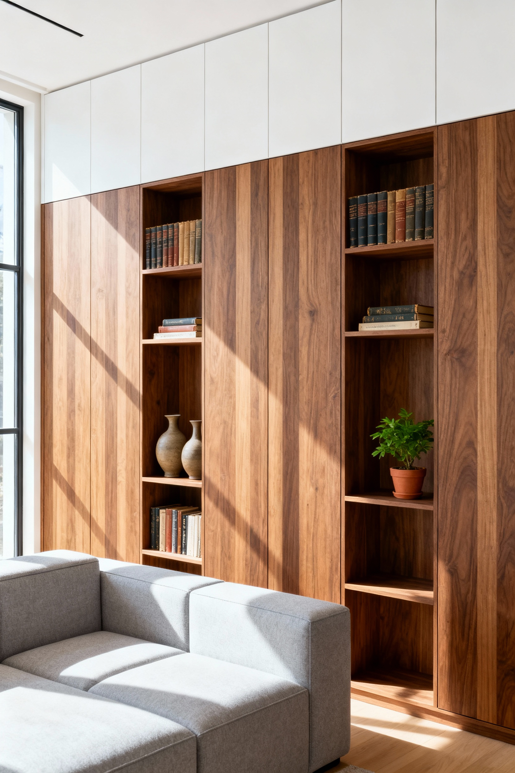 A photograph of a modern, monolithic living room storage wall unit in walnut and white, embodying Mid-century functional beauty and minimalist design.